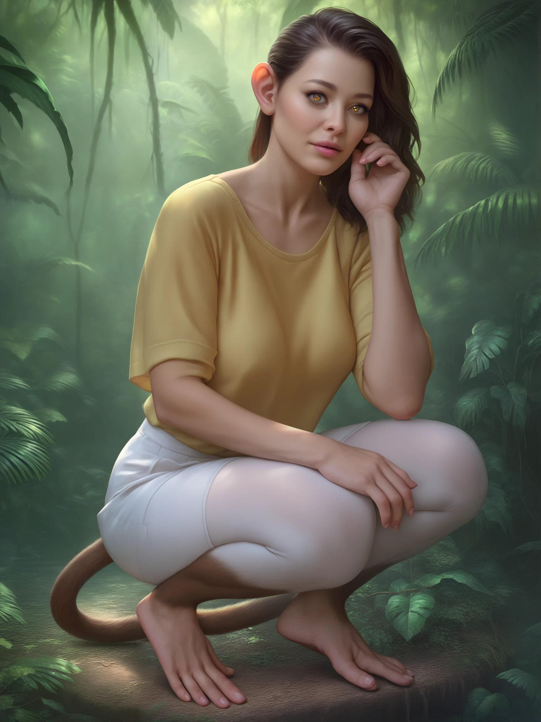 score_9, score_8_up, score_7_up, score_6_up, score_5_up, score_4_up,
<lora:monkey-ponyxl-v1:1>, monkey girl, mnky,
a beautiful woman in a jungle, white skirt, yellow shirt, squatting, treetops,, ultra realistic, (high quality, detailed, beautiful), detailed beautiful eyes, realistic, outstanding,
<lora:add-detail-xl:0.7> <lora:xl_more_art-full_v1:0.1>