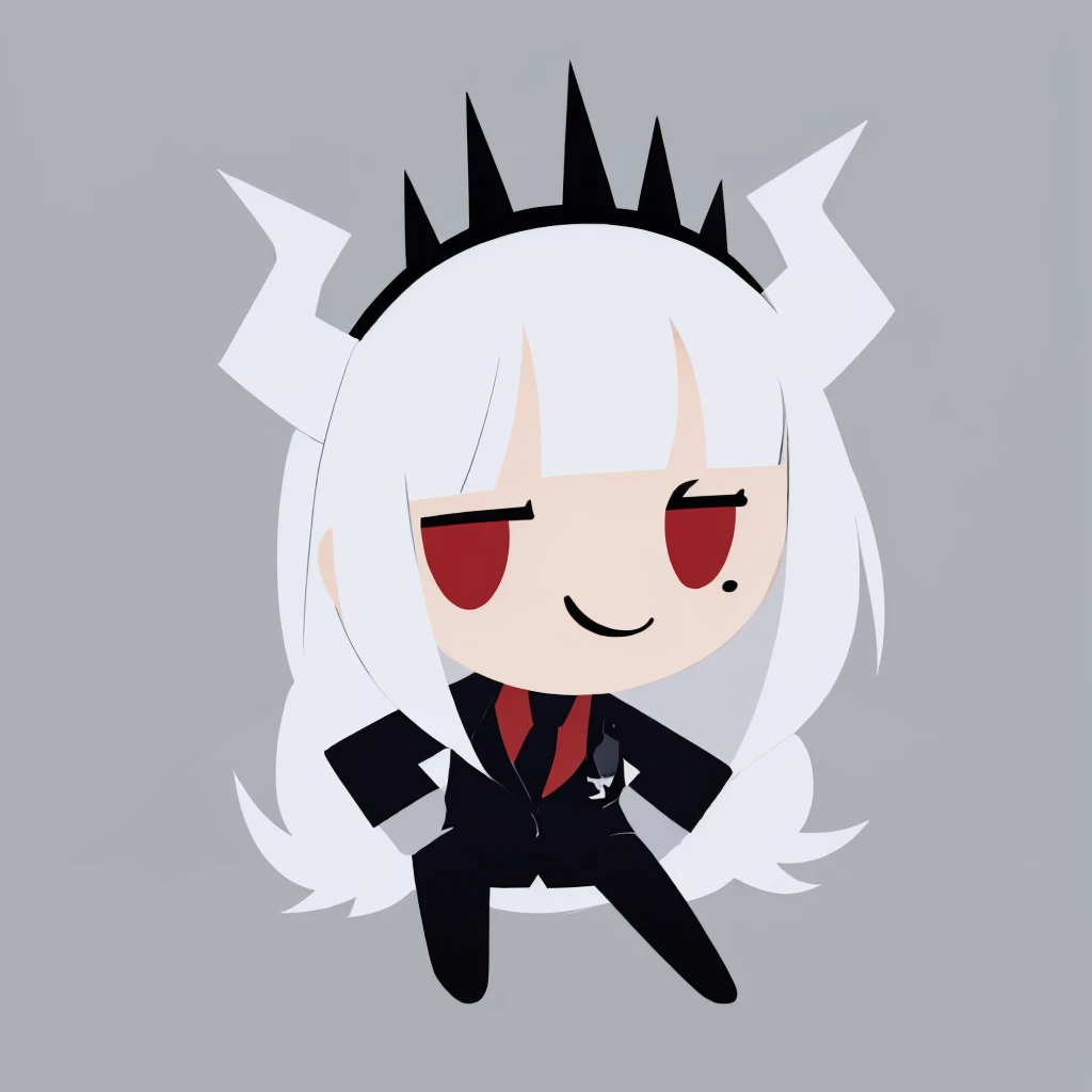 masterpiece, best quality, simple background, flat color, no lineart, chibi, solo, 1girl, luciferdef, smile, long hair, formal, suit, black jacket, red shirt, black necktie, white gloves, black pants <lora:style_helltakerchibi-000010:1> <lora:helltaker_lucifer:1>