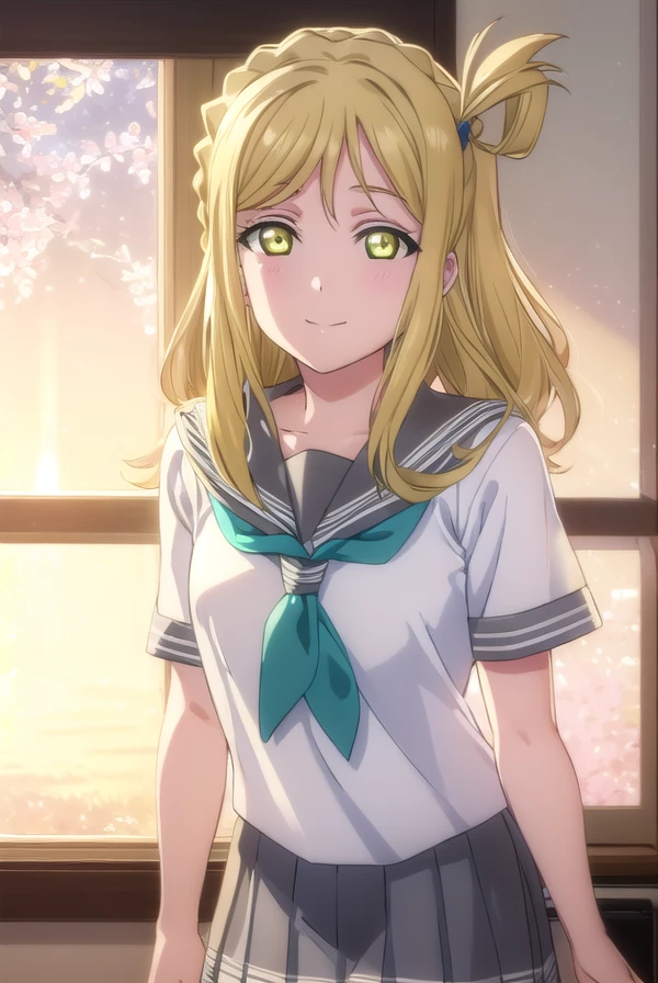 mariohara, <lora:mari ohara s2-lora-nochekaiser:1>,
mari ohara, long hair, bangs, blonde hair, hair ornament, (yellow eyes:1.3), braid, medium hair, hair rings, crown braid, smile,
BREAK skirt, school uniform, short sleeves, pleated skirt, serafuku, socks, neckerchief, kneehighs, black socks, green neckerchief, grey skirt, uranohoshi school uniform,
BREAK indoors, classroom,
BREAK looking at viewer, (cowboy shot:1.5),
BREAK <lyco:GoodHands-beta2:1>, (masterpiece:1.2), best quality, high resolution, unity 8k wallpaper, (illustration:0.8), (beautiful detailed eyes:1.6), extremely detailed face, perfect lighting, extremely detailed CG, (perfect hands, perfect anatomy),