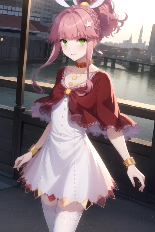 ((masterpiece)),(best quality),official art,extremely detailed CG,unity 8k wallpaper,ultra detailed,beautiful detailed eyes,extremely detailed face,city,1girl,solo,cowboy shot,looking at viewer,facing viewer,smile,Mengdeng Ciye,long hair,white hairband,pink hair,high ponytail,braid,hair ornament,sidelocks,bangs,green eyes,jewelry,collarbone,necklace,red capelet,white dress,small breasts,bracelet,white thighhighs,red footwear,<lora:Mengdeng Ciye(Noctuary)>,