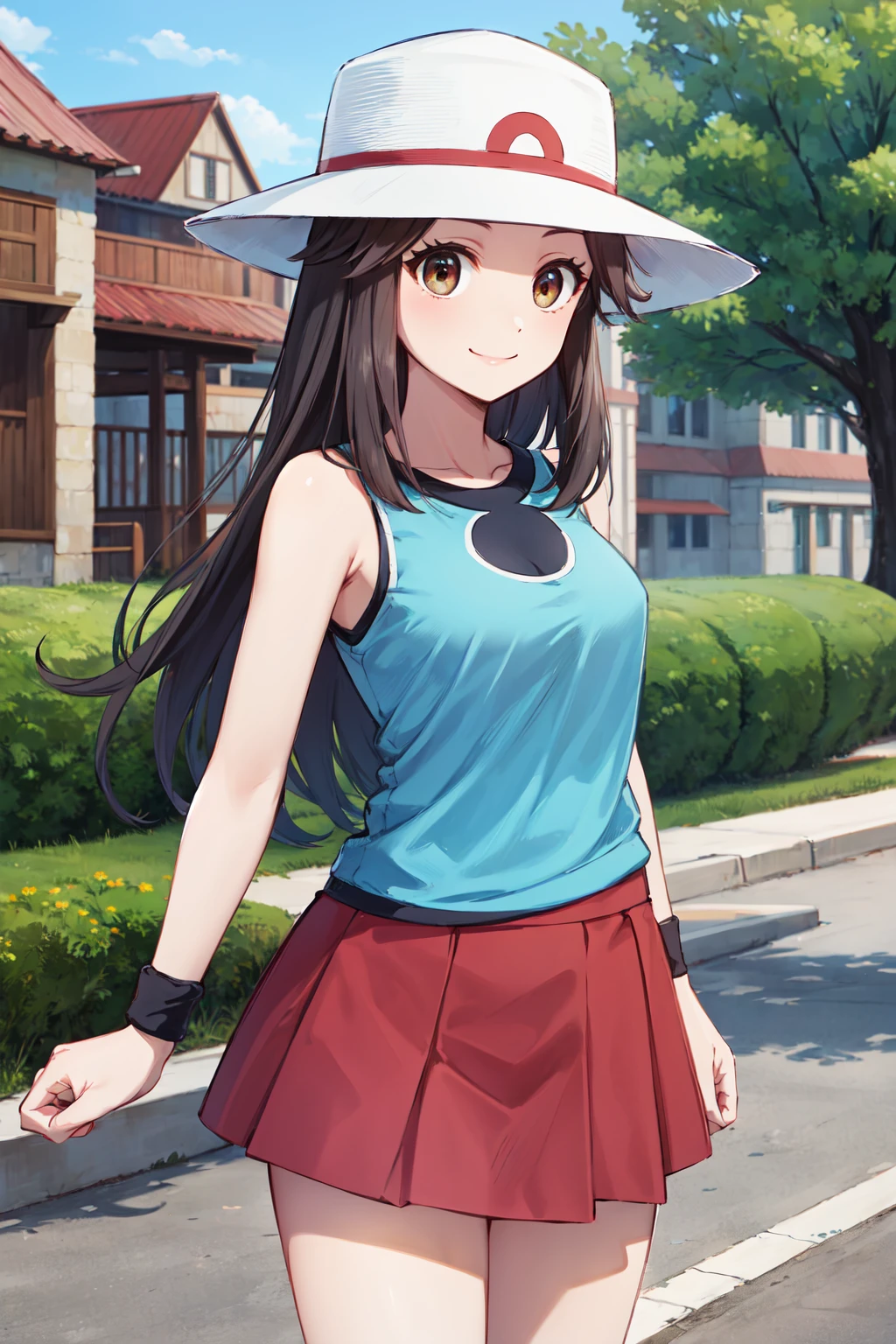 masterpiece,best quality,highres,ultra-detailed,aaleaf,hat,long hair,blue shirt,sleeveless,wristband,red skirt,loose socks,blue socks,shoes,white footwear,<lora:leaf_(pokemon):0.7>,outdoors,standing,cowboy shot,smile,