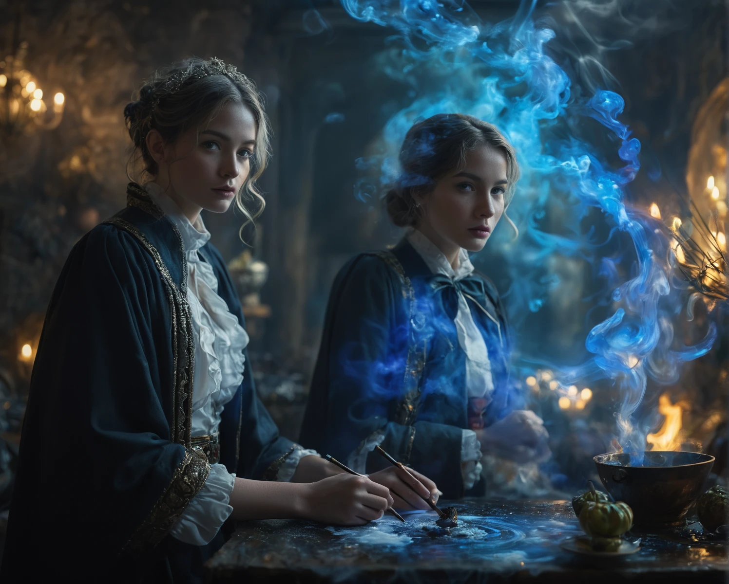 by Matthew Pillsbury , by Barclay Shaw , by Adam Elsheimer , <lora:niji3d:0.70> , digital painting, sorcerous, wizardry, shot with Carl Zeiss Sonar Lens on Canon 5D Mark IV camera, nice bokeh features, cinematic look professional color grading, lightroom