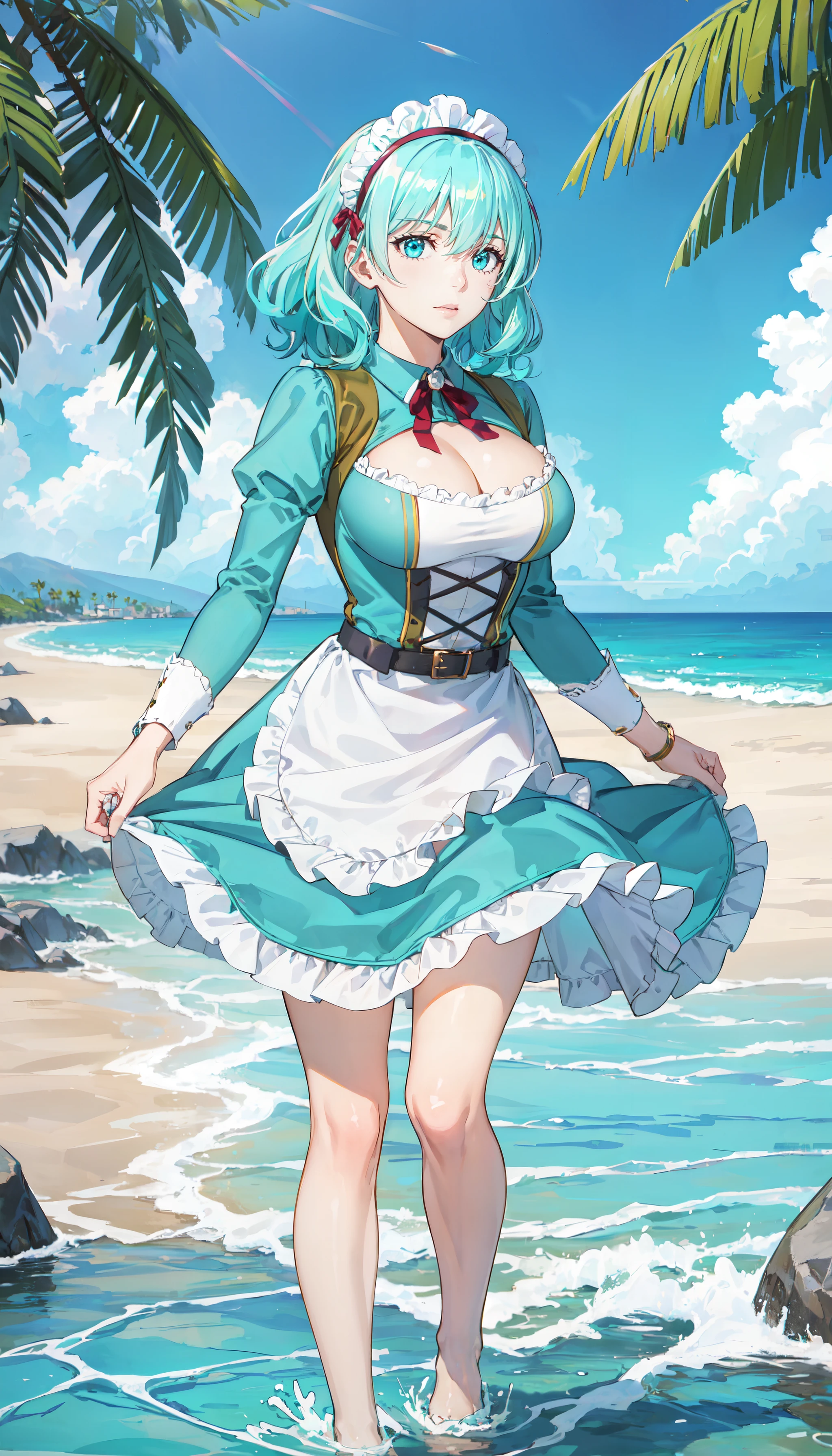 photorealistic, (4k), depth of field, (Masterpiece), (realistic skin texture), extremely detailed, intricate, hyper detailed, professional photography, bokeh, high resolution, sharp detail, best quality, girl, aqua hair, medium hair, blue eyes, aqua maid dress, maid headdress, frills, apron, <lora:GoodHands-beta2:0.6>. <lora:detail_slider_v4:0.8> , dynamic pose, (knees apart feet together),   <lora:Luria Aensland-000003:0.8> , sun-kissed beach, (turquoise waves:1.3), golden sands, palm trees, (seaside:1.5), crashing waves,