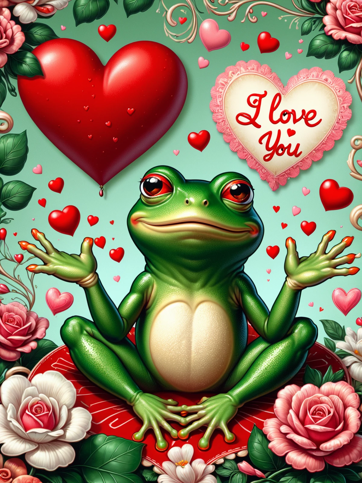 pepe the frog, text banner saying "I love you" <lora:Kitschy_Cards_SDXL:0.8> mad-kitsch, (masterpiece:1.2), best quality, (hyperdetailed, highest detailed:1.2), high resolution textures