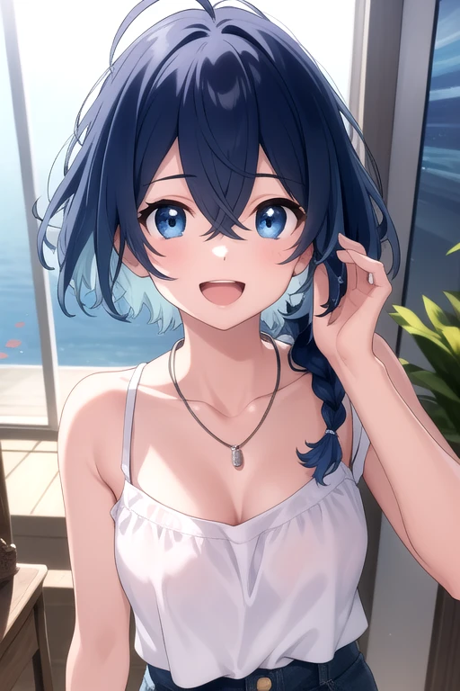 (masterpiece:1.3), (best quality:1.1), (8k, ultra detailed, ultra high res:1.2), ((anime style)), perfect 5 fingers, perfect anatomy,
1girl, akane kurokawa,
BREAK medium hair,
blue hair,
green eyes, star-shaped pupils,
medium breasts, angry,
looking at viewer, sundress, white dress,
upper body,
perfect light, outdoors, outside, summer, sea, sky,