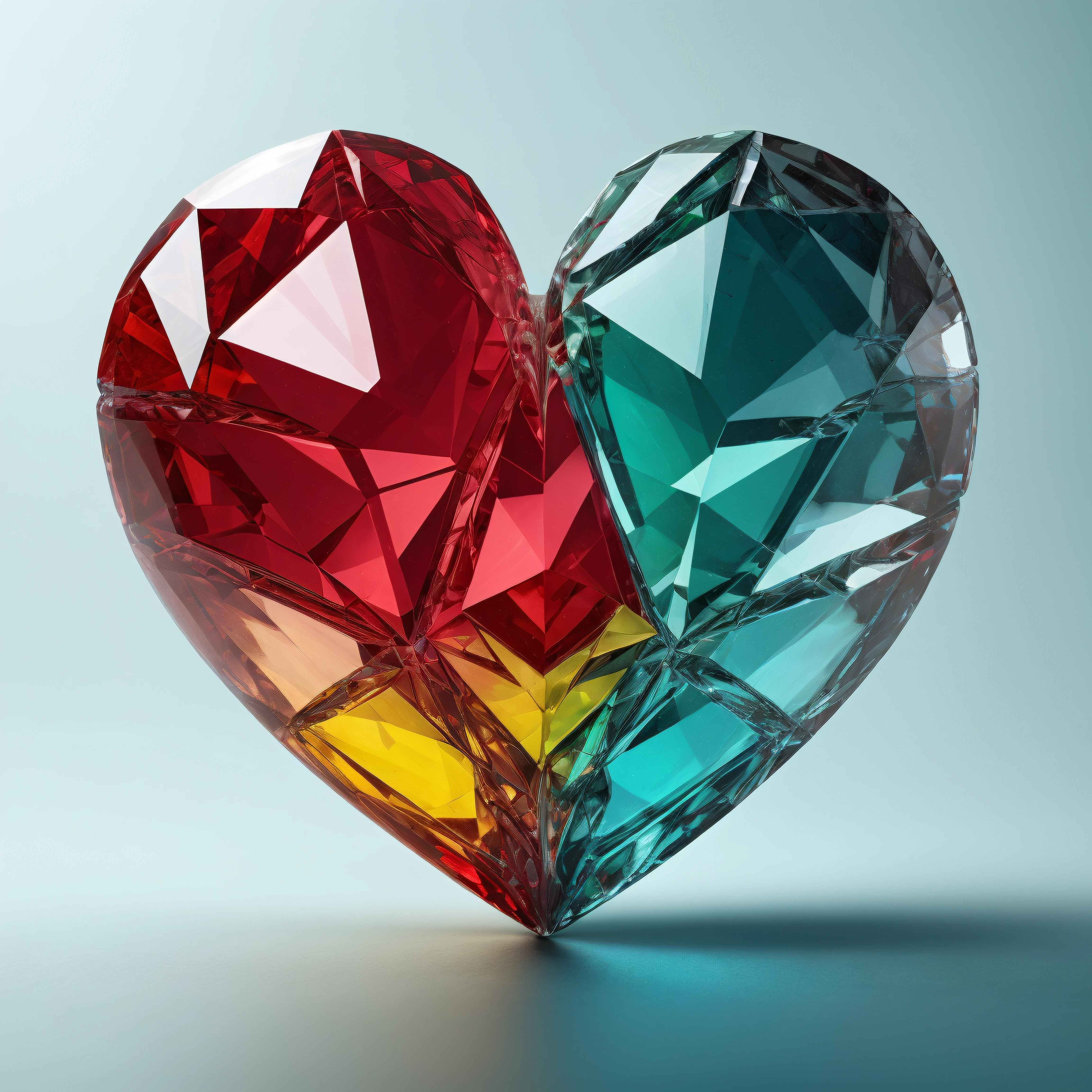 masterpierce, <lora:CrystalsHeart:0.6>, crystal, heart, colored, (multi-color, green, red, blue, yellow:1.3), on the table, realistic, ultra quality, highly detailed, ultra HD