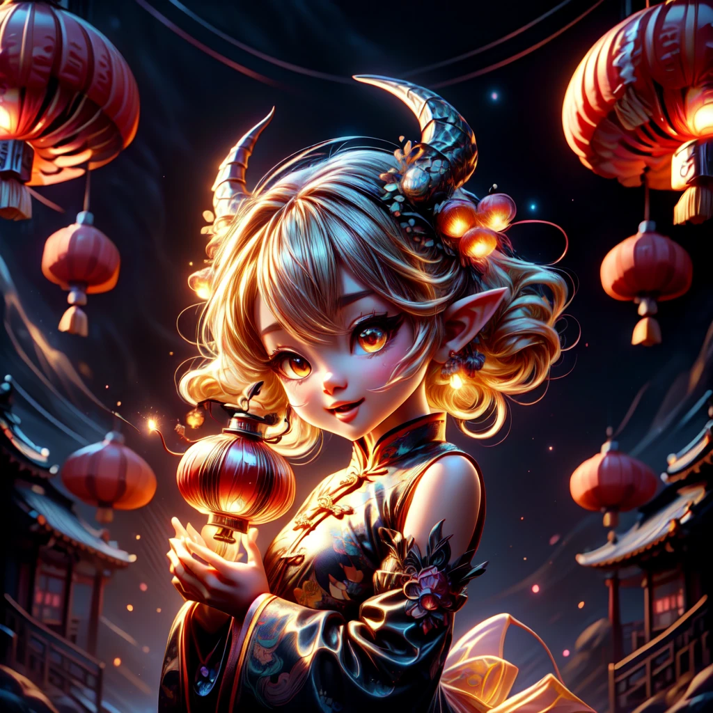 LunarChibiDragon,<lora:LunarChibiDragon:1>,masterpiece, (Best quality:1.2), highres, (scenary:1.2), Dynamic light, 1 cute girl,glowing lanterns,yellow hair,night, wearing cute traditional chinese gloves,cute, looking at viewer, cinematic lighting, dramatic angle, glowin yellow eyes, pointy ears, hair ornament, traditional red chinese long sleeved dress, bare shoulders, laces, AGGA_ST004, cute adorable face, ribbon,nice hands,detailed cute hands,lunar new year,happy facial emotion,open mouth,horns,dragon girl,backround fireworks scenery, <lora:add_detail:0.6> <lora:more_details:0.6> <lora:colorfix:0.6>