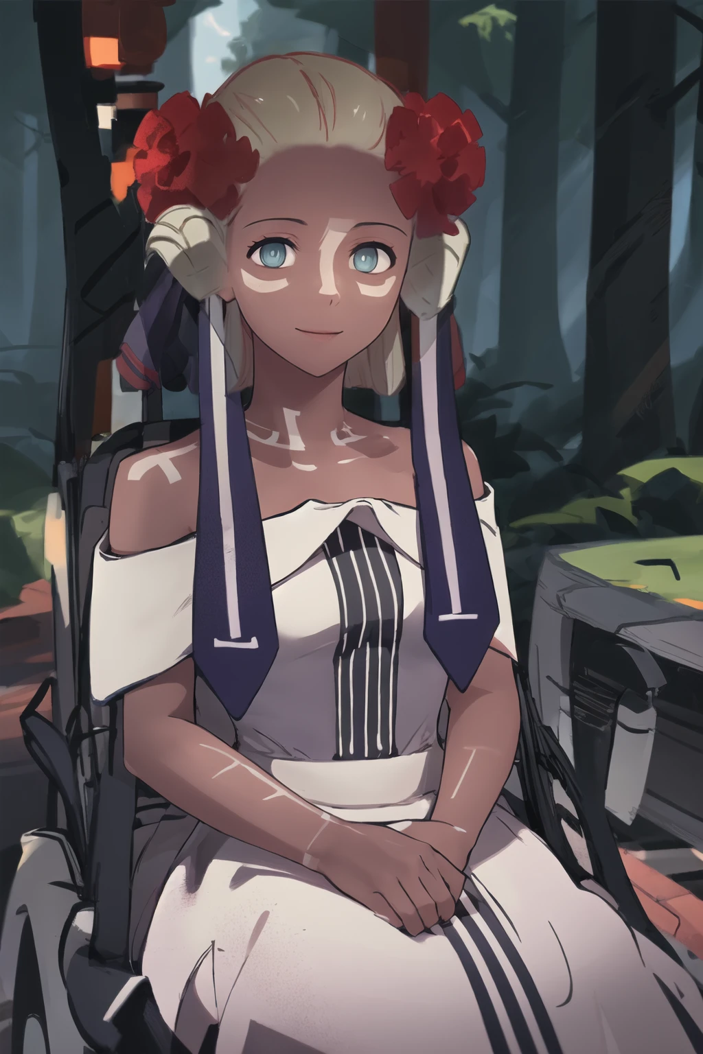 (best quality), outdoors, forest, portrait, 1girl, solo, HaruSW, dark-skinned female, aqua eyes, <lora:HaruSWVisions_V1-Manityro-dadpt:1.0>, toned, smile, looking at viewer, HMain, facial mark, hair flower, hair ribbon, short hair, white dress, strapless, off shoulder, bare shoulders, sleeveless, white sash, vertical-striped dress, bodypaint, white horns, sitting