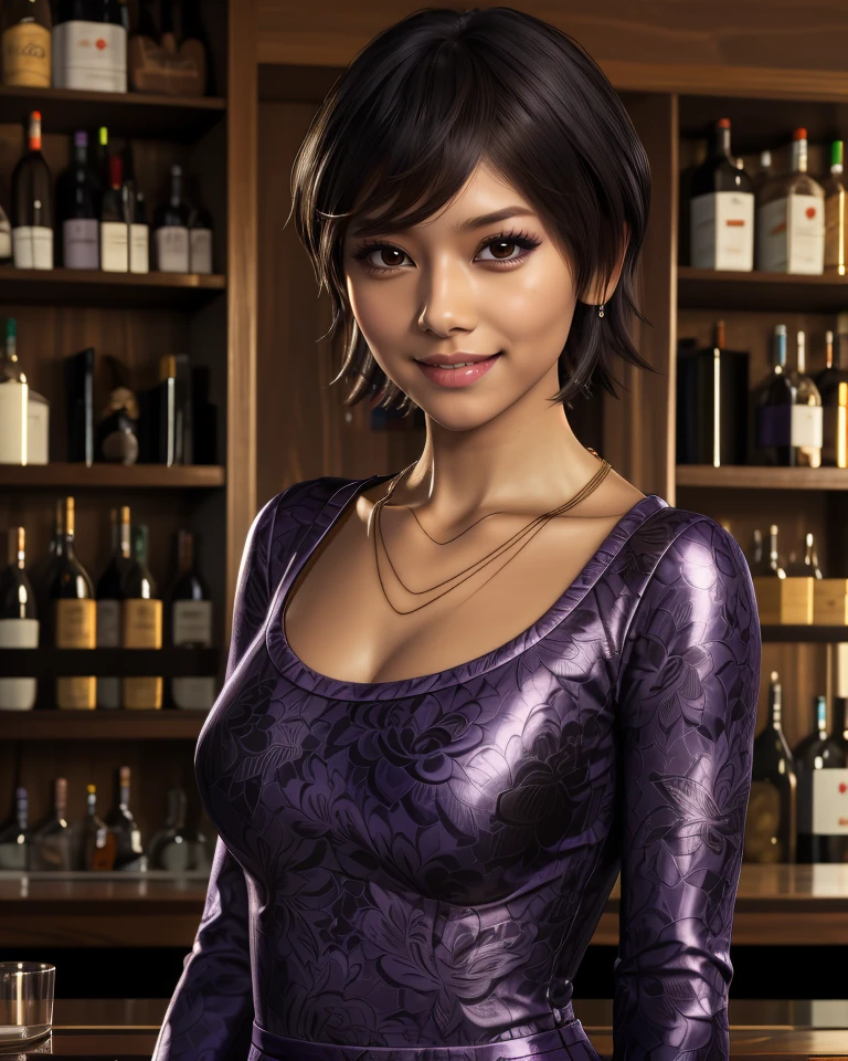 Kiyomi,black hair,brown eyes,
necklace,purple dress,long sleeves,
bartender, light smile,
standing,upper body,
(insanely detailed, masterpiece, best quality) solo,<lora:Kiyomi-10YKv9:0.8>,