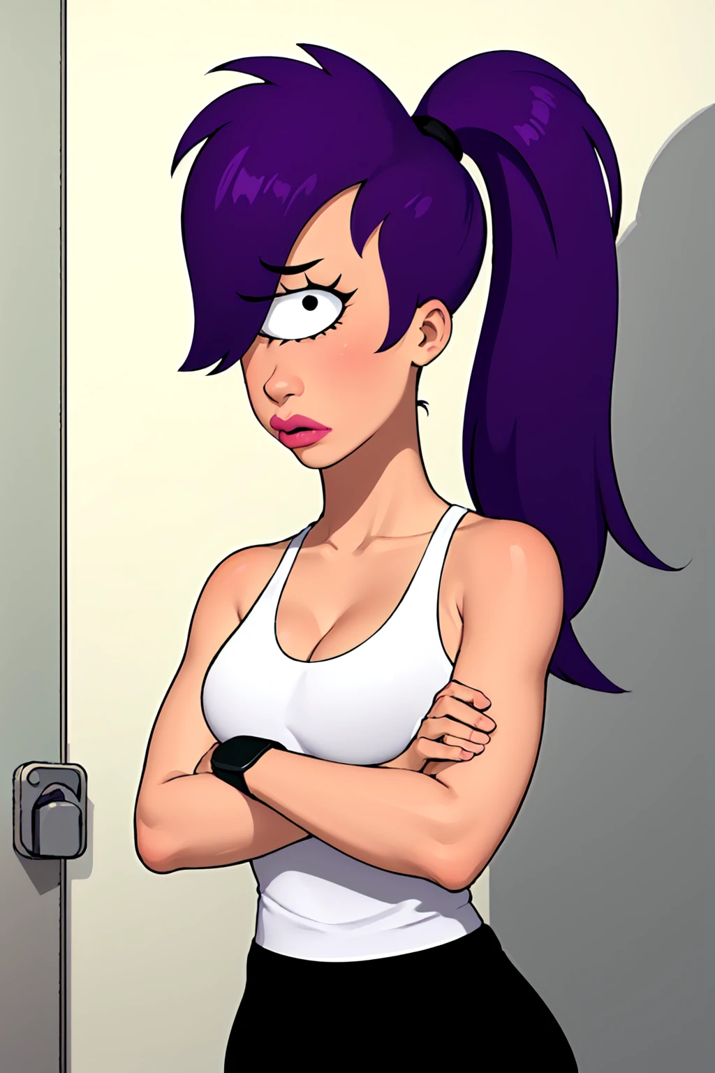 leela, 1girl, purple hair, one-eyed, cyclops, ponytail, long hair, solo, breasts, cleavage, lipstick, black pants,looking at viewer, white tank top,lipstick, upper body, crossed arms, <lora:leela:0.55> best quality, high quality, absurdres, masterpiece, <lora:char cyclops:0.7>