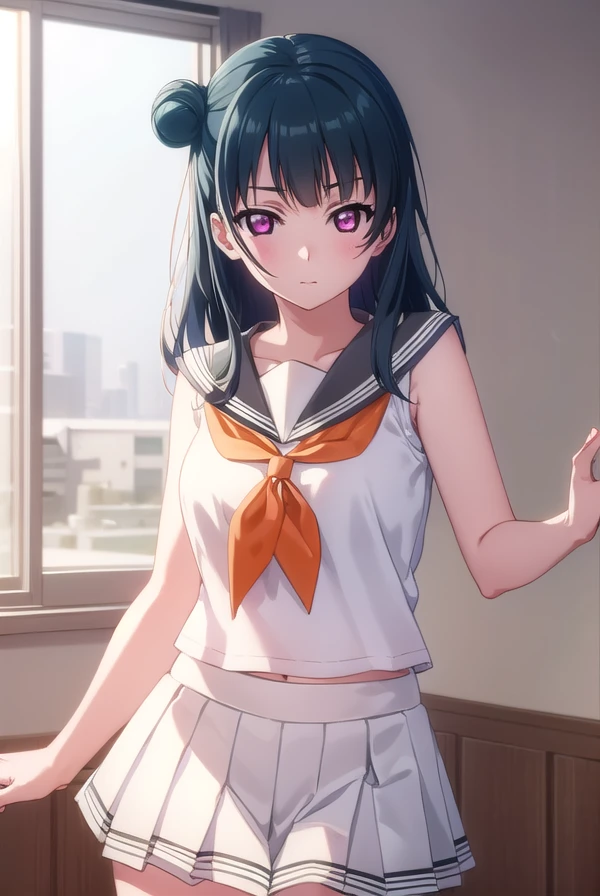 yoshikotsushima, <lora:yoshiko tsushima s2-lora-nochekaiser:1>,
yoshiko tsushima, long hair, bangs, blue hair, (pink eyes:1.3), hair bun, single hair bun, single side bun,
BREAK shirt, school uniform, white shirt, serafuku, neckerchief, uranohoshi school uniform, (orange neckerchief:1.3), sleeveless, skirt, pleated skirt, grey skirt,
BREAK indoors, classroom,
BREAK looking at viewer, (cowboy shot:1.5),
BREAK <lyco:GoodHands-beta2:1>, (masterpiece:1.2), best quality, high resolution, unity 8k wallpaper, (illustration:0.8), (beautiful detailed eyes:1.6), extremely detailed face, perfect lighting, extremely detailed CG, (perfect hands, perfect anatomy),