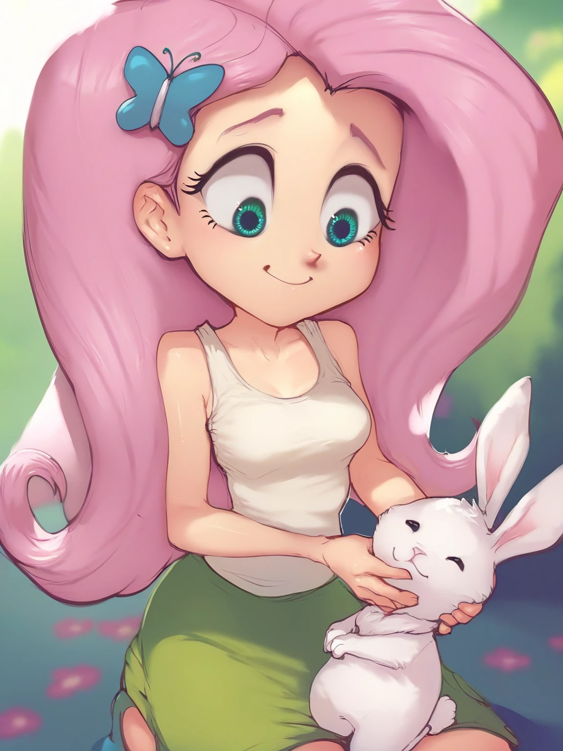 score_9, score_8_up, score_7_up, score_6_up, conoghi_style, BREAK
1girl, fluttershy \(mlp\), angel bunny, blue bow, bow, butterfly hair ornament, collarbone, green eyes, green skirt, hair ornament, holding bunny, medium breasts, long hair, looking down, pink hair, shirt, kneeling, skirt, smile, tank top, white shirt
<lora:conoghi_xl-000008:1>