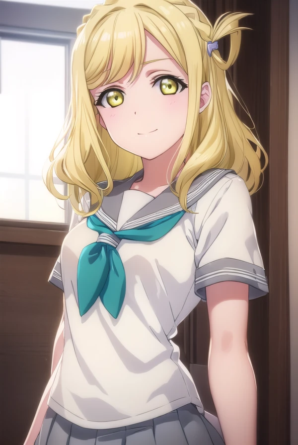 mariohara, <lora:mari ohara s2-lora-nochekaiser:1>,
mari ohara, long hair, bangs, blonde hair, hair ornament, (yellow eyes:1.3), braid, medium hair, hair rings, crown braid, smile,
BREAK skirt, school uniform, short sleeves, pleated skirt, serafuku, socks, neckerchief, kneehighs, black socks, green neckerchief, grey skirt, uranohoshi school uniform,
BREAK indoors, classroom,
BREAK looking at viewer, (cowboy shot:1.5),
BREAK <lyco:GoodHands-beta2:1>, (masterpiece:1.2), best quality, high resolution, unity 8k wallpaper, (illustration:0.8), (beautiful detailed eyes:1.6), extremely detailed face, perfect lighting, extremely detailed CG, (perfect hands, perfect anatomy),