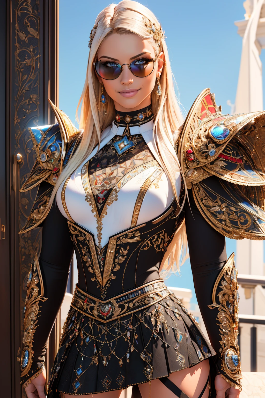 ((masterpiece,best quality,edgQuality)),(smile),looking at viewer,standing,
edgPB_woman,edgPB_face,edgPB_body, looking at viewer,choker,sunglasses
edgLnF, armor,clothing cutout, pauldrons, wearing edgLnF,(skirt,embroidery)
<lora:edgLnF:0.75> <lora:edgPBlondeDollLikenessv1:0.8>