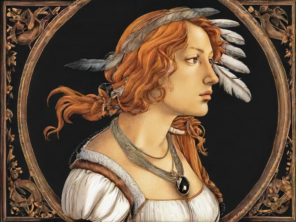 Simonetta Vespucci, Botticelli style, 1girl, solo, long hair, breasts, simple background, hair ornament, cleavage, brown eyes, jewelry, upper body, necklace, orange hair, profile, traditional media, feathers, black background<lora:botticelli-SDXL:0.5>