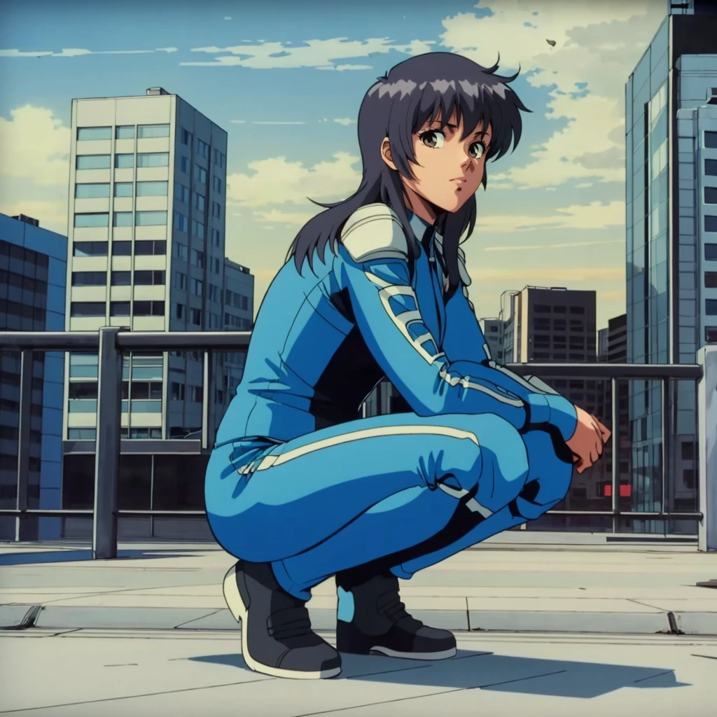 <lora:Sylvie001:0.7>,looking at viewer,
Sylvie,1girl,black hair,long hair,
blue pilot suit,
full body,squatting,
city,