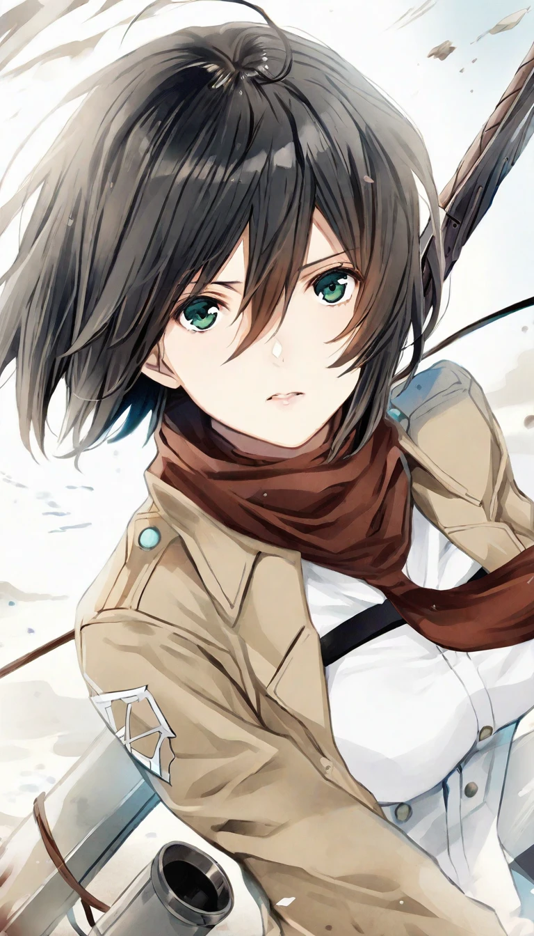 <lora:mikasa ackerman:0.75>,<lora:orie:0.45>,mikasa ackerman,illustration,watercolor style,dreamy atmosphere,The image showcases a female animated character with short black hair,green eyes,and a determined expression. She is dressed in a beige and white uniform,adorned with various patches and badges. She's holding a device that appears to be some sort of gun or weapon,with a long cord attached to it. The background is white,and there are some scattered elements,possibly representing a wind or movement,giving the impression of action or motion.,, masterpiece, best quality,