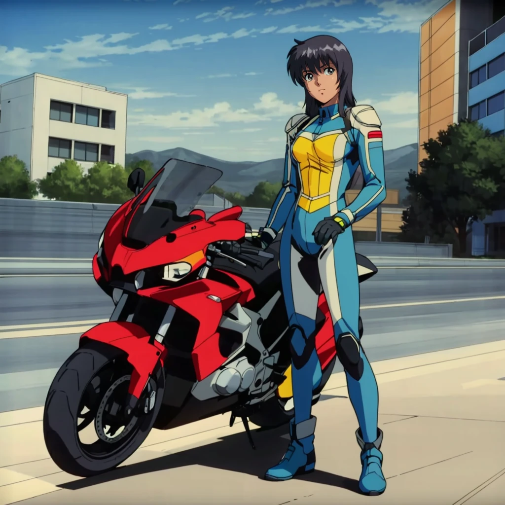 <lora:Sylvie001:0.7>,looking at viewer,
Sylvie,1girl,black hair,long hair,
blue pilot suit,
full body,
city,motorcycle,