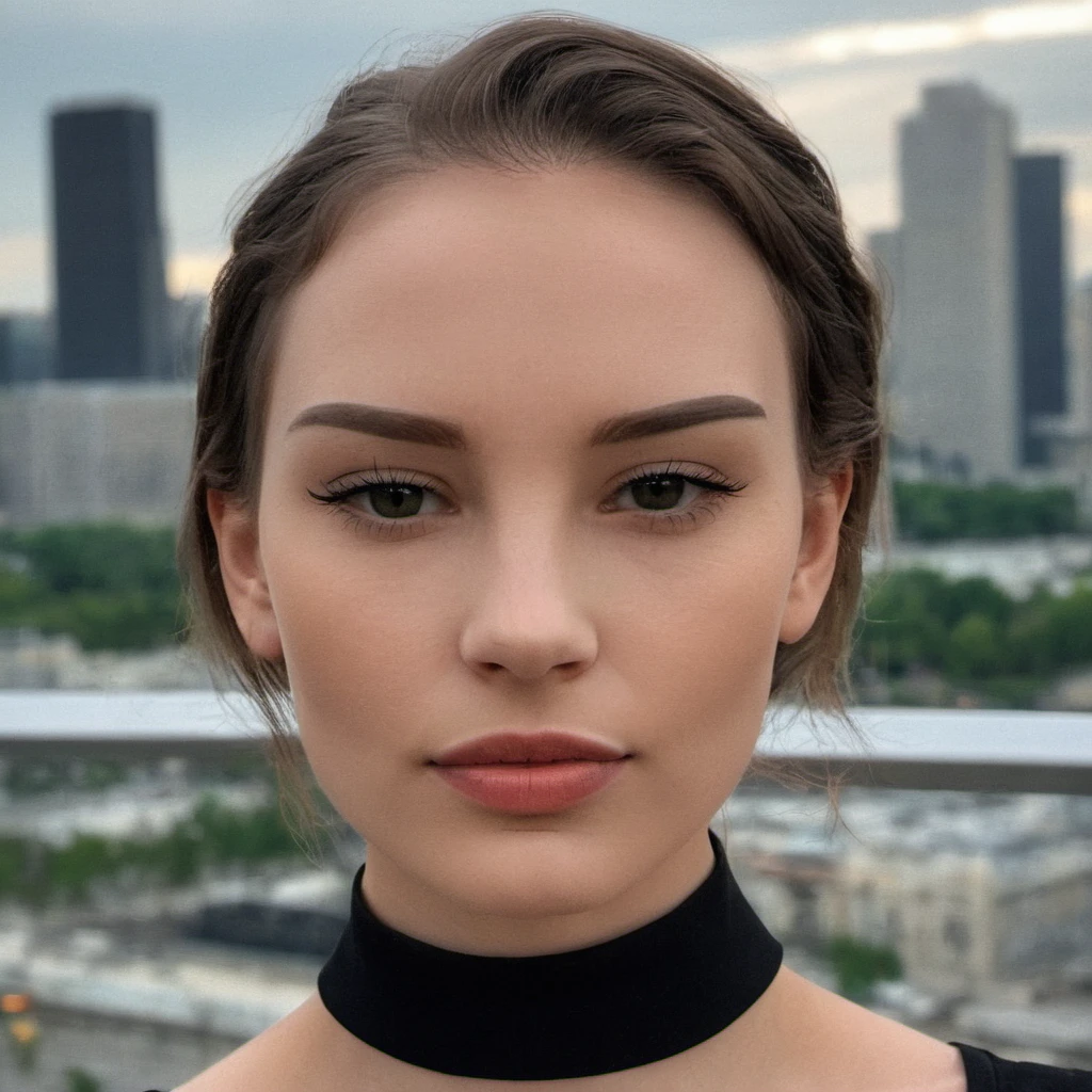 (Skin Texture, pores, natural,iPhone,RAW)), natural lighting, Highest Quality closeup Portrait photo of a pretty woman,black thin choker, clear lipgloss, Nikon Z9, realistic matte skin, blurry city in the background, 8K, symmetric, whole face, , <lora:asmrdarling_xl_2_standard_merger_21_51_055_045:1>