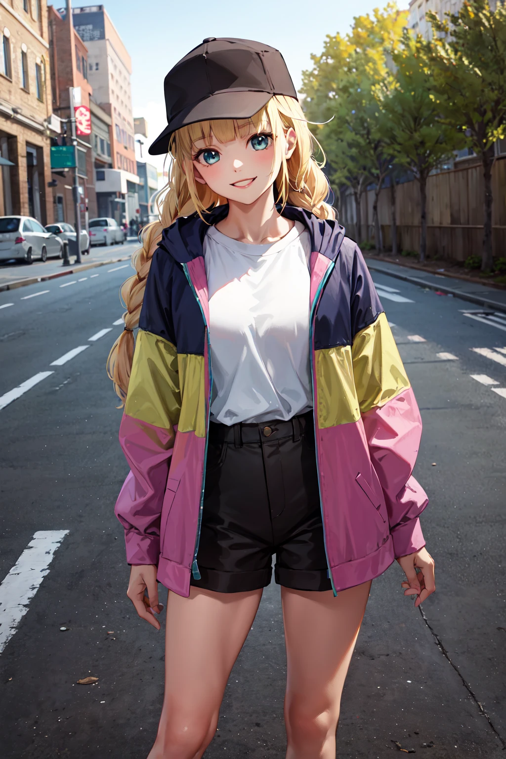 masterpiece,best quality,highres,ultra-detailed,tsukimi eiko,hat,black headwear,long hair,twin braids,blunt bangs,jacket,multicolored jacket,open clothes,long sleeves,shirt,white shirt,shorts,black shorts,sneakers,green footwear,<lora:tsukimi_eiko:0.7>,outdoors,cowboy shot,smile,standing,,,