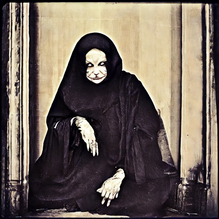 medium shot photo of a female monster nun, kneeling in a gothic temple, pray, cracked skin, dramatic, photographed on polaroid
