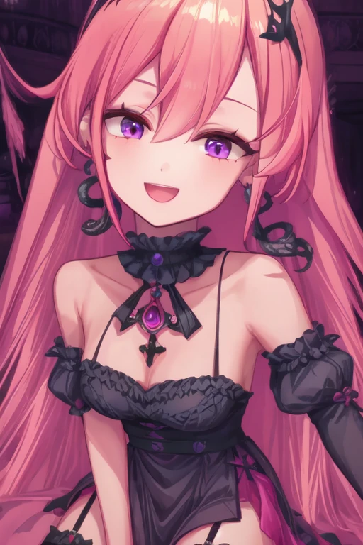 runie, 1girl, bangs, bare shoulders, black dress, black legwear, breasts, cleavage, collarbone, crown, detached sleeves, dress, earrings,  garter straps, hair between eyes, jewelry, long hair, looking at viewer, medium breasts, nail polish, open mouth, pink hair, solo, thighhighs, very long hair,
1girl, bangs, cross earrings, ear piercing, earrings, face, hair between eyes, jewelry, long hair, piercing, pink hair, purple eyes, smile ((upper body, close up))
<lora:add_detail:1.1>, <lora:hyperrefiner_v090:1.2>, <lora:runie-pc-v2:0.8>