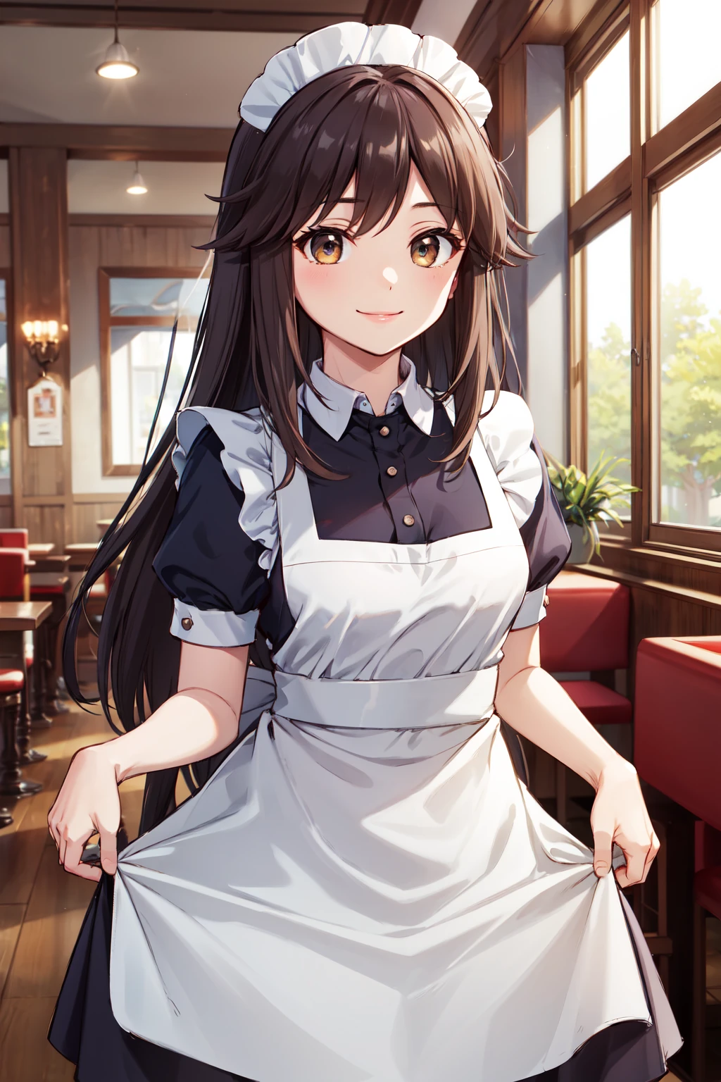 masterpiece,best quality,highres,ultra-detailed,aaleaf,long hair,<lora:leaf_(pokemon):0.7>,indoors,cafe,maid,maid headdress,apron,(skirt hold:1.2),standing,cowboy shot,smile,