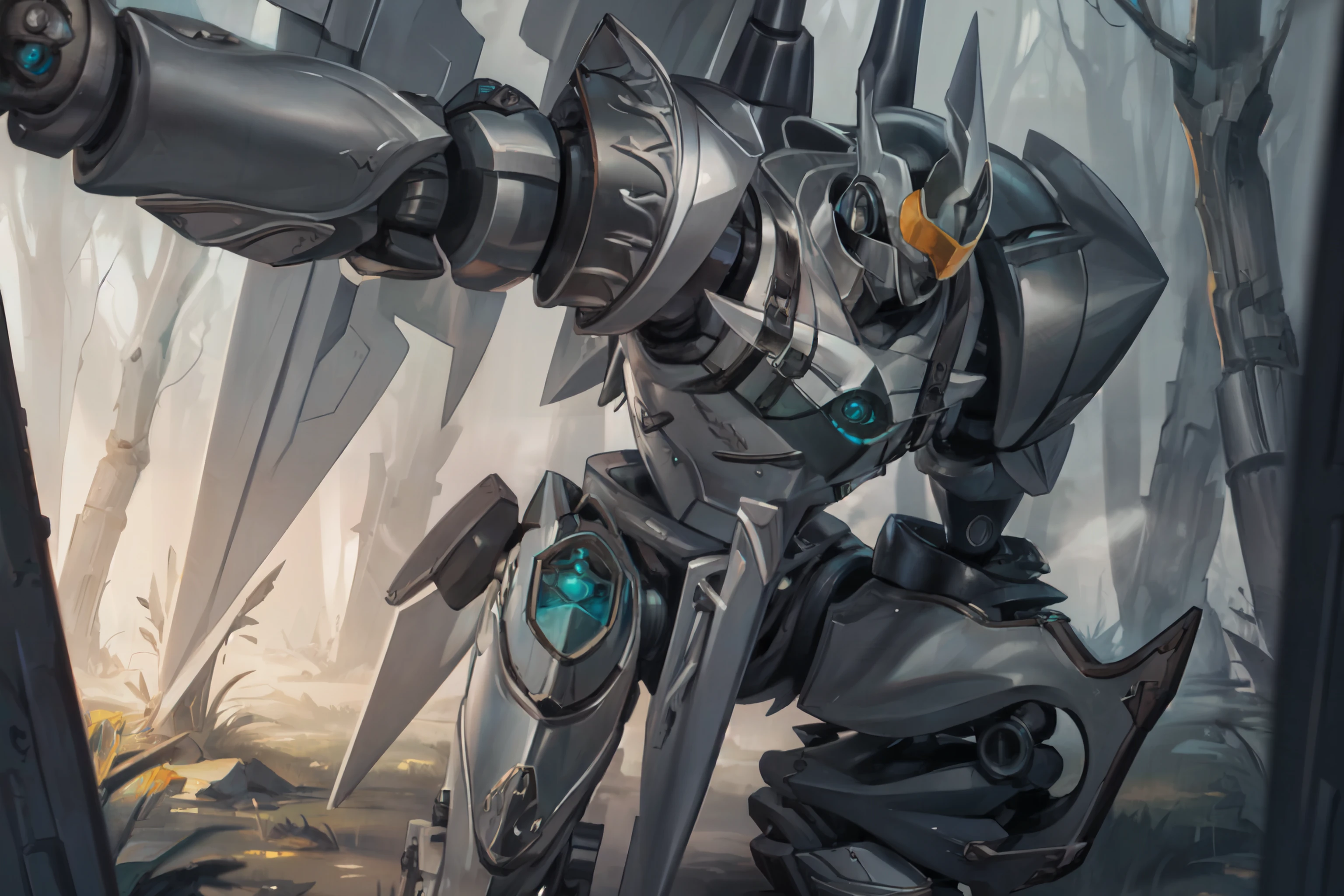 (masterpiece, best quality, ultra detailed, beautiful illustration), atmospheric perspective, depth of field, (cowboy shot), dynamic pose, dynamic angle, (outdoors, dense forest, clearing), <lora:EiyuuDensetsu_Valimar:1>, ValimarSen, science fiction, mecha, robot, glowing, wings, (on one knee)