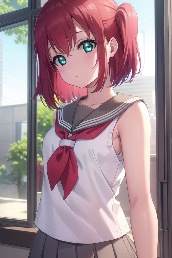 rubykurosawa, <lora:ruby kurosawa s2-lora-nochekaiser:1>,
ruby kurosawa, short hair, bangs, (green eyes:1.3), red hair, aqua eyes, two side up,
BREAK shirt, school uniform, white shirt, serafuku, neckerchief, uranohoshi school uniform, orange neckerchief, sleeveless, skirt, pleated skirt, grey skirt,
BREAK indoors, classroom,
BREAK looking at viewer, (cowboy shot:1.5),
BREAK <lyco:GoodHands-beta2:1>, (masterpiece:1.2), best quality, high resolution, unity 8k wallpaper, (illustration:0.8), (beautiful detailed eyes:1.6), extremely detailed face, perfect lighting, extremely detailed CG, (perfect hands, perfect anatomy),