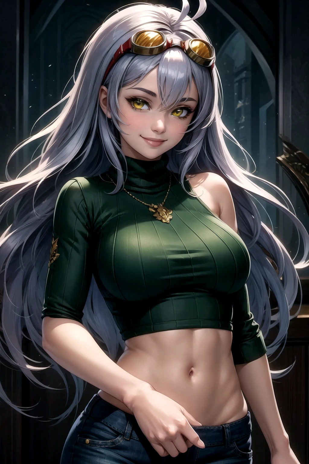 <lora:ArniceNoAV1-000006:0.8> arnice, 1girl, solo, (green sweater:1.2), jeans, smile, goggles, silver_hair, yellow_eyes, long_hair, ahoge, bangs, beautiful, (masterpiece:1.2), (best quality:1.2)