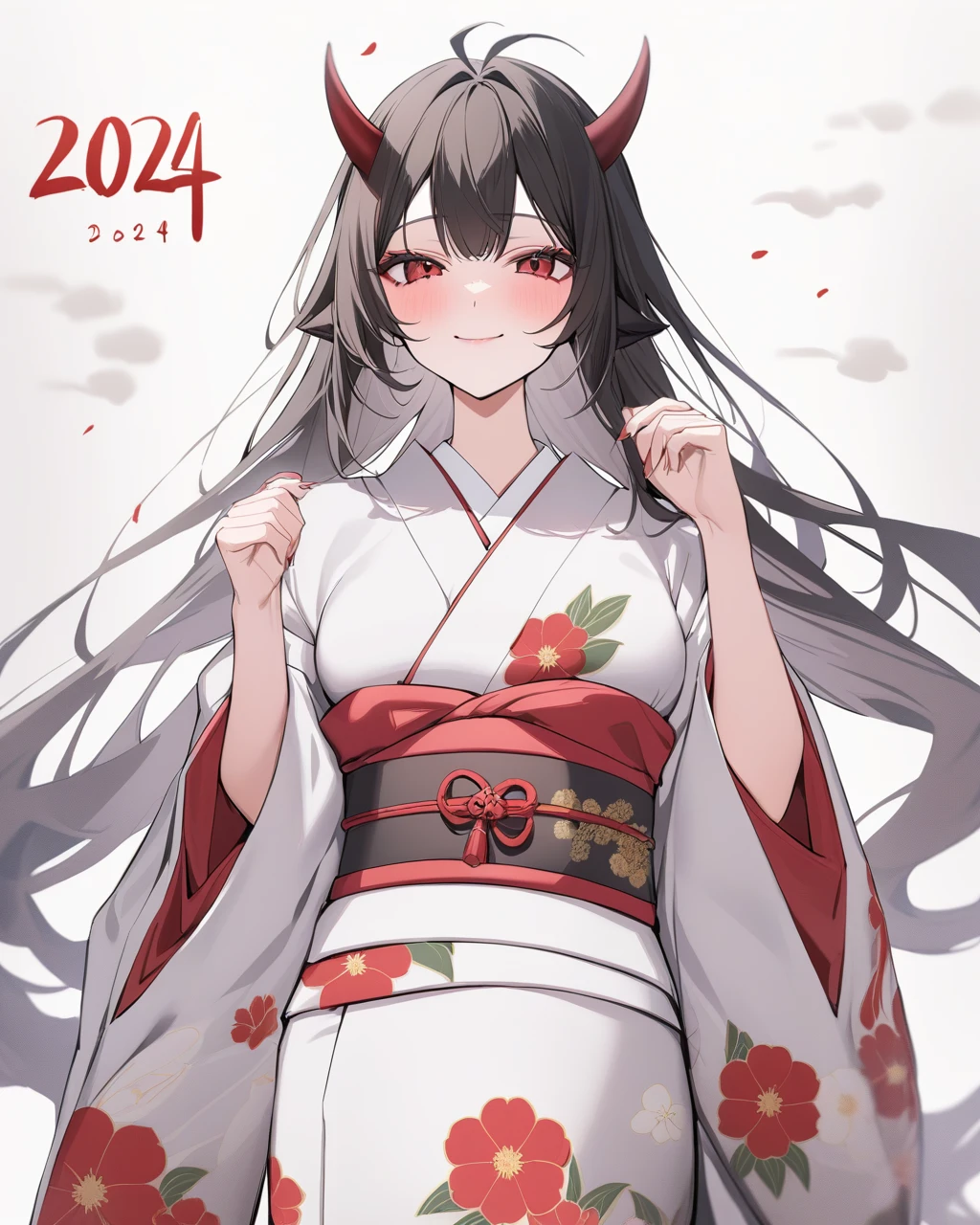 masterpiece,best quality,<lora:2024_xl:1.2>,1girl, 2024, alternate costume, antenna hair, black clover, black hair, closed mouth, demon girl, demon horns, f3968837, floral print, grey kimono, highres, new year, red eyes, red horns, sash, secre swallowtail, smile, solo