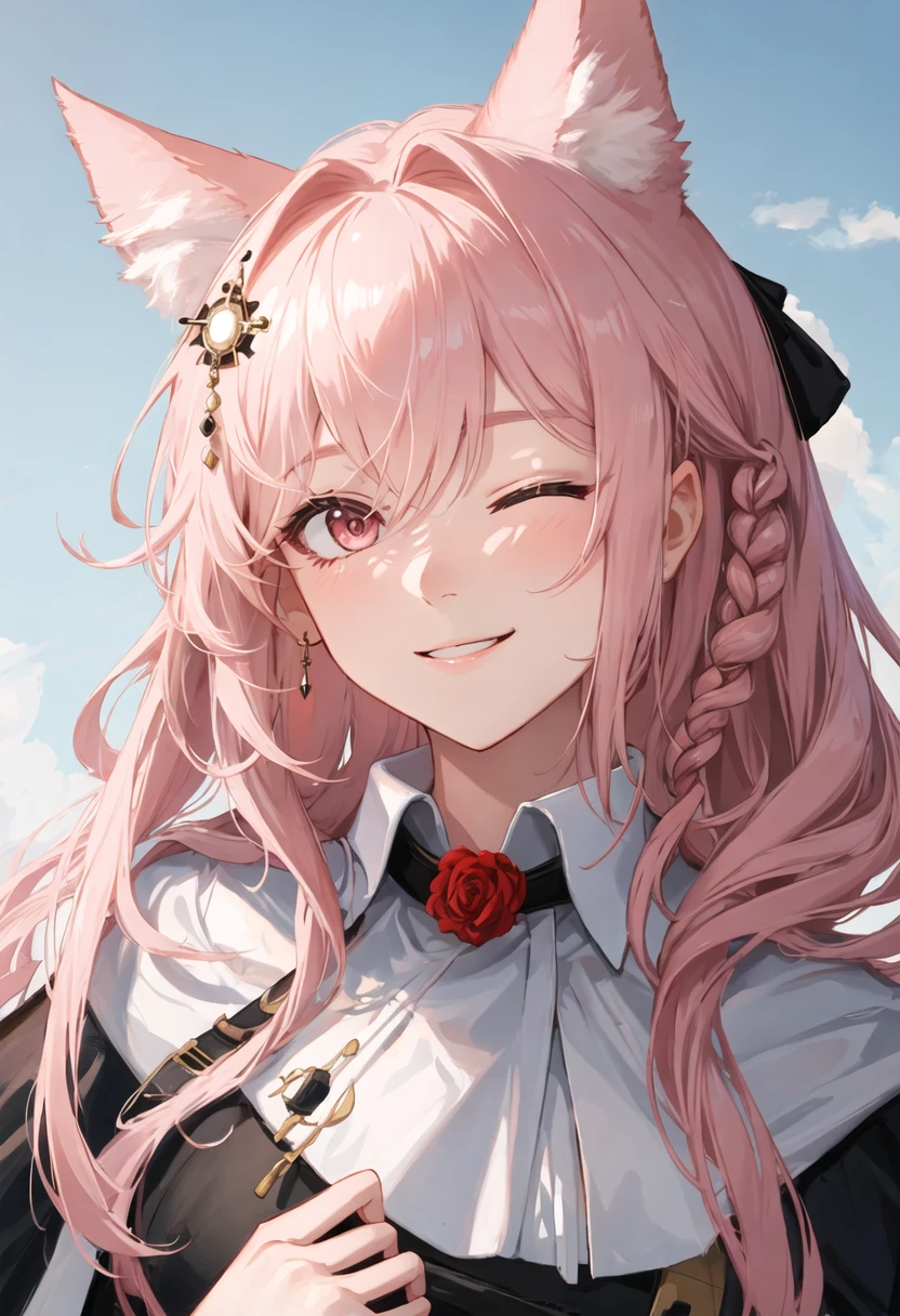 best quality, masterpiece, highres, solo, {pozemka_arknights:0.90}, smile, happy, one_eye_closed, portrait, looking at viewer