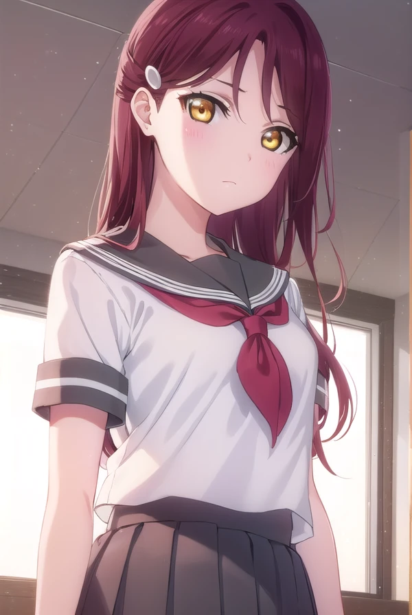 rikosakurauchi, <lora:riko sakurauchi s2-lora-nochekaiser:1>,
riko sakurauchi, long hair, hair ornament, (yellow eyes:1.3), red hair, hairclip,
BREAK skirt, school uniform, short sleeves, pleated skirt, serafuku, socks, neckerchief, kneehighs, black socks, red neckerchief, grey skirt, uranohoshi school uniform,
BREAK indoors, classroom,
BREAK looking at viewer, (cowboy shot:1.5),
BREAK <lyco:GoodHands-beta2:1>, (masterpiece:1.2), best quality, high resolution, unity 8k wallpaper, (illustration:0.8), (beautiful detailed eyes:1.6), extremely detailed face, perfect lighting, extremely detailed CG, (perfect hands, perfect anatomy),