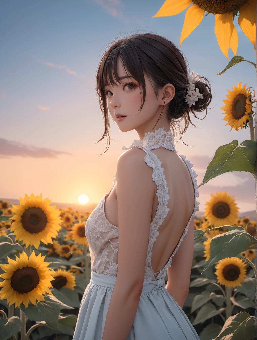 8k, RAW,natural skin,detailed skin,japanese girl,Sunflower field at the tip of a high promontory with a view of the horizon, dynamic angle,upper body, twilight,best quality,masterpiece