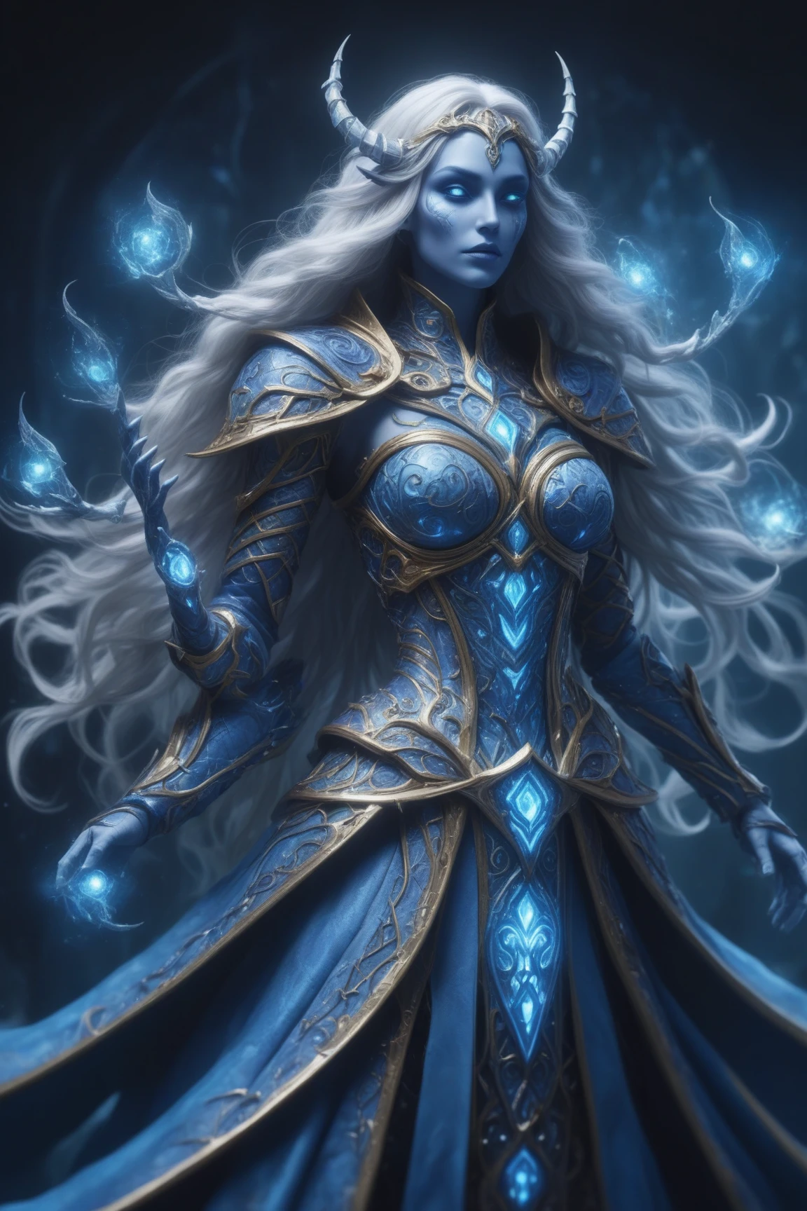 awesome quality, dynamic,upper body,female death knight Practicing conjuration shaped like Lattice of periwinkle nautical poison and light manipulation <lora:ClearHand-V2><lora:DonMM1xXL-v1.1:.6>,