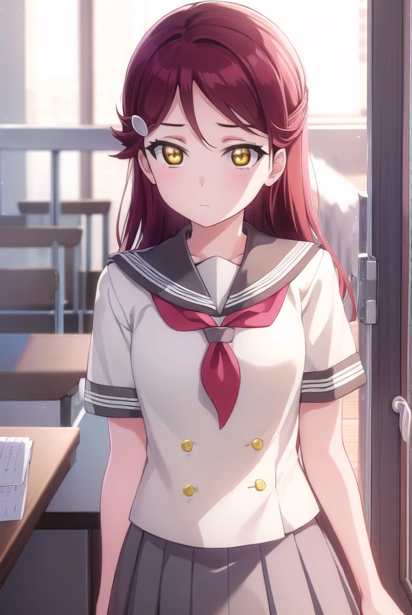 rikosakurauchi, <lora:riko sakurauchi s2-lora-nochekaiser:1>,
riko sakurauchi, long hair, hair ornament, (yellow eyes:1.3), red hair, hairclip,
BREAK skirt, school uniform, short sleeves, pleated skirt, serafuku, socks, neckerchief, kneehighs, black socks, red neckerchief, grey skirt, uranohoshi school uniform,
BREAK indoors, classroom,
BREAK looking at viewer, (cowboy shot:1.5),
BREAK <lyco:GoodHands-beta2:1>, (masterpiece:1.2), best quality, high resolution, unity 8k wallpaper, (illustration:0.8), (beautiful detailed eyes:1.6), extremely detailed face, perfect lighting, extremely detailed CG, (perfect hands, perfect anatomy),