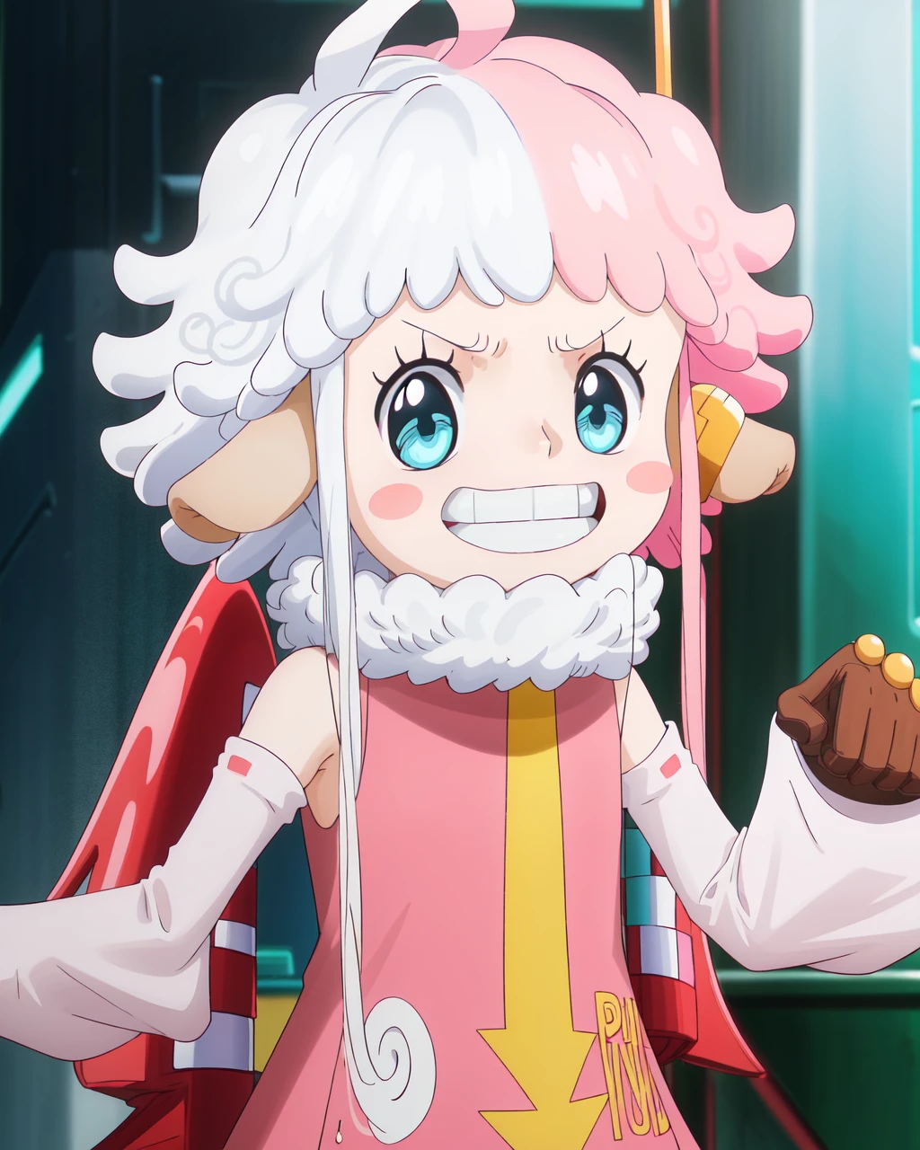 <lora:Atlas-10:0.8>,1girl,pink hair, white hair, blue eyes, multicolored hair, animal ears,long hair,two-tone hair, gloves, blush stickers, necktie,detached sleeves, dress, teeth, parody, looking at viewer,clenched teeth,