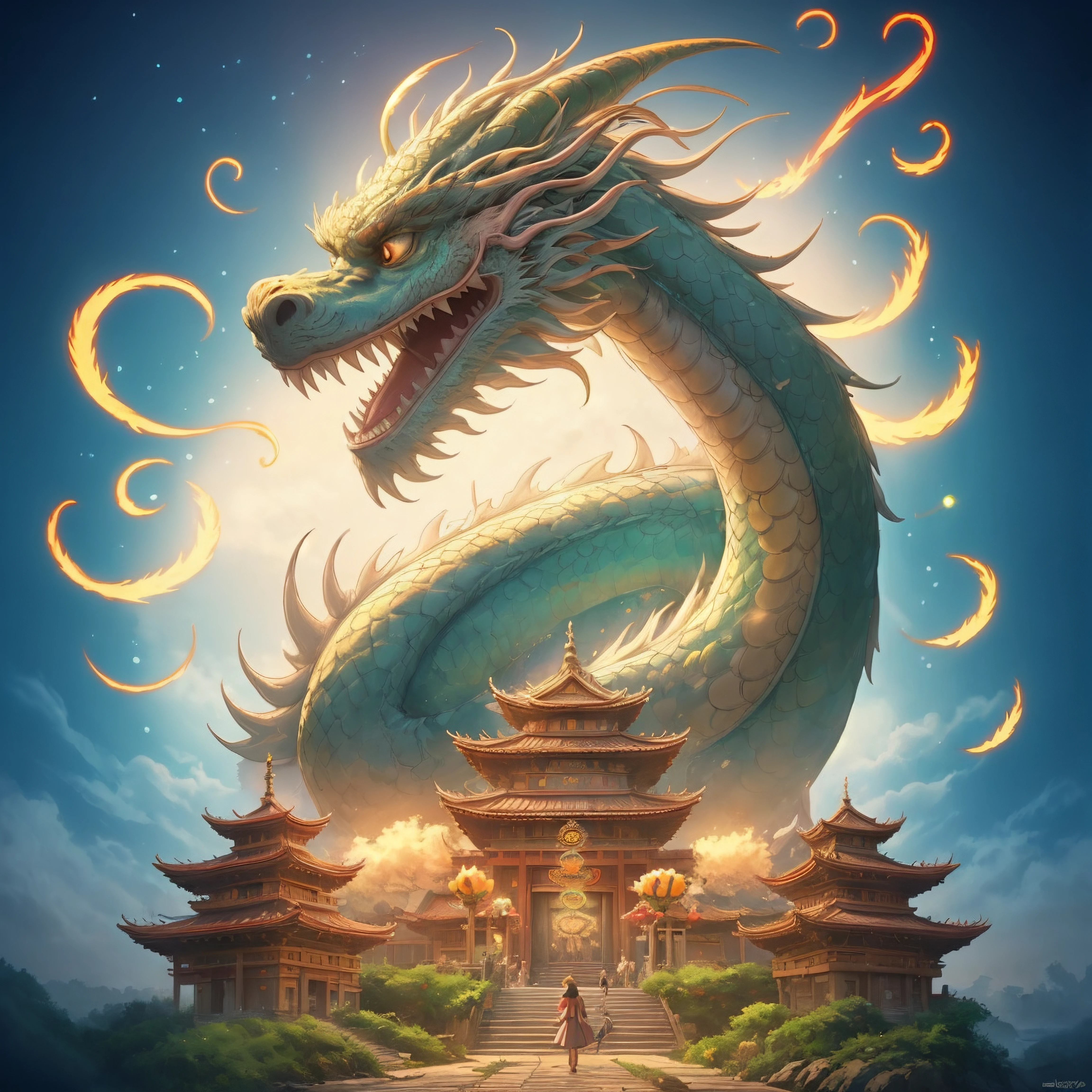 Chinese Dragon, Huge, Huge color images, white Dragon, Cheyron Masterpiece,shrine,Flying in the sky,Like a serpent,hope,Positive,beautiful,torii Waterfall training
