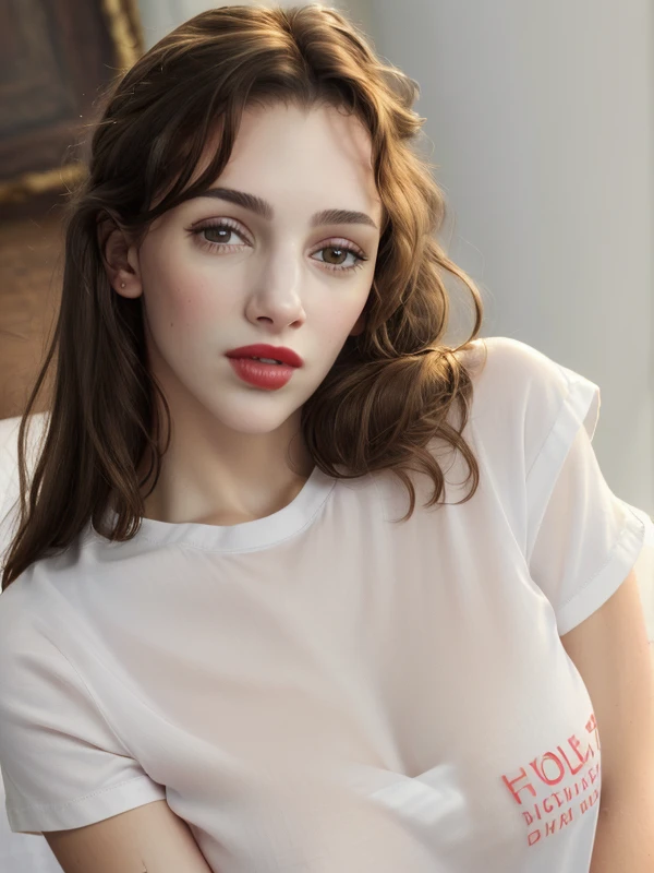 gquality, <lora:thelma-10:1> thelma, 1girl, solo, looking at viewer, shirt, white shirt, upper body, clothes writing, realistic, lipstick, red lips