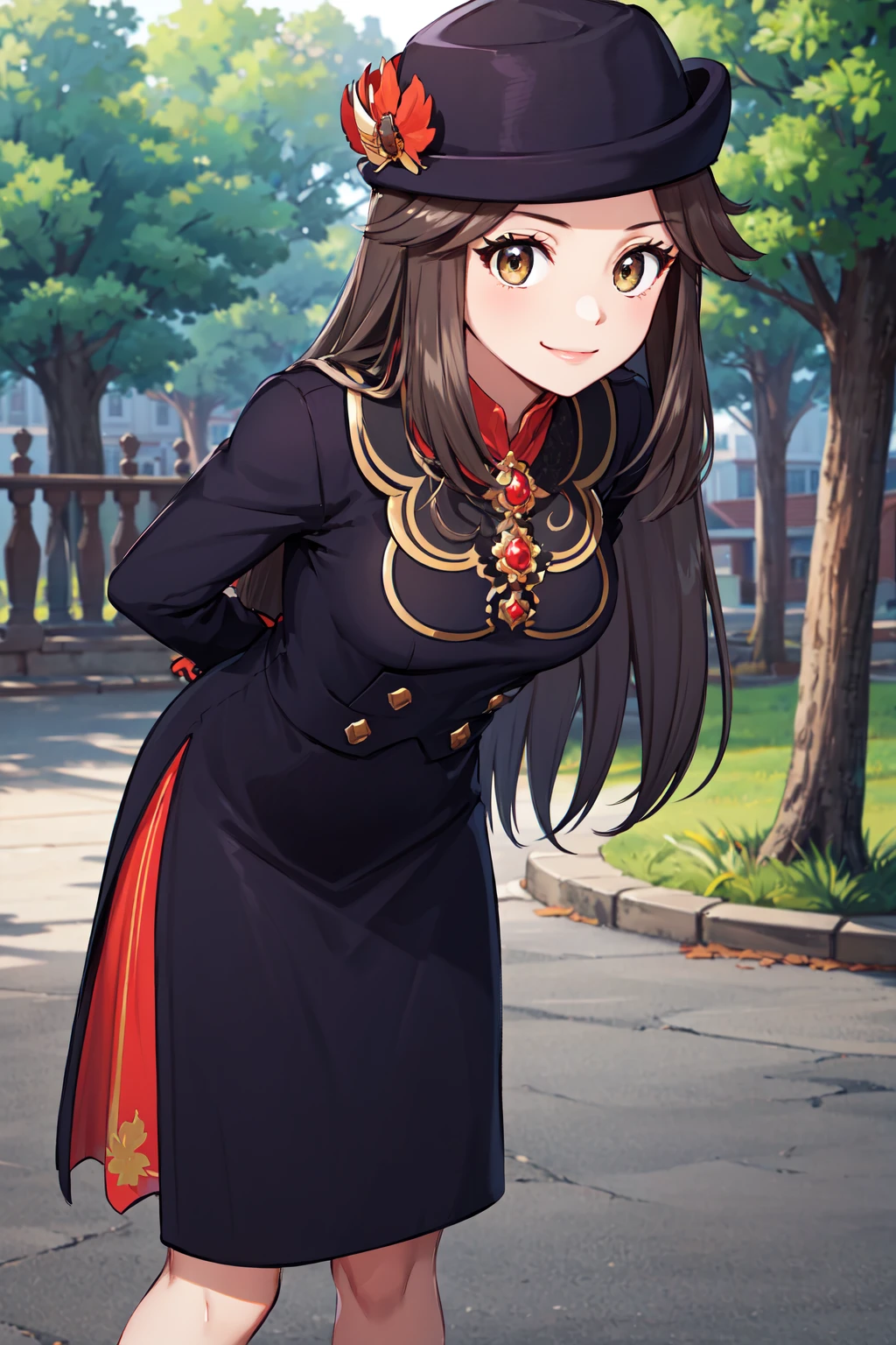 masterpiece,best quality,highres,ultra-detailed,ccleaf,hat,flower,black headwear,long hair,sidelocks,eyelashes,black dress,buttons,long sleeves,black gloves,<lora:leaf_(pokemon):0.7>,outdoors,cowboy shot,smile,standing,(arms_behind_back:1.2),(leaning_forward:1.4),