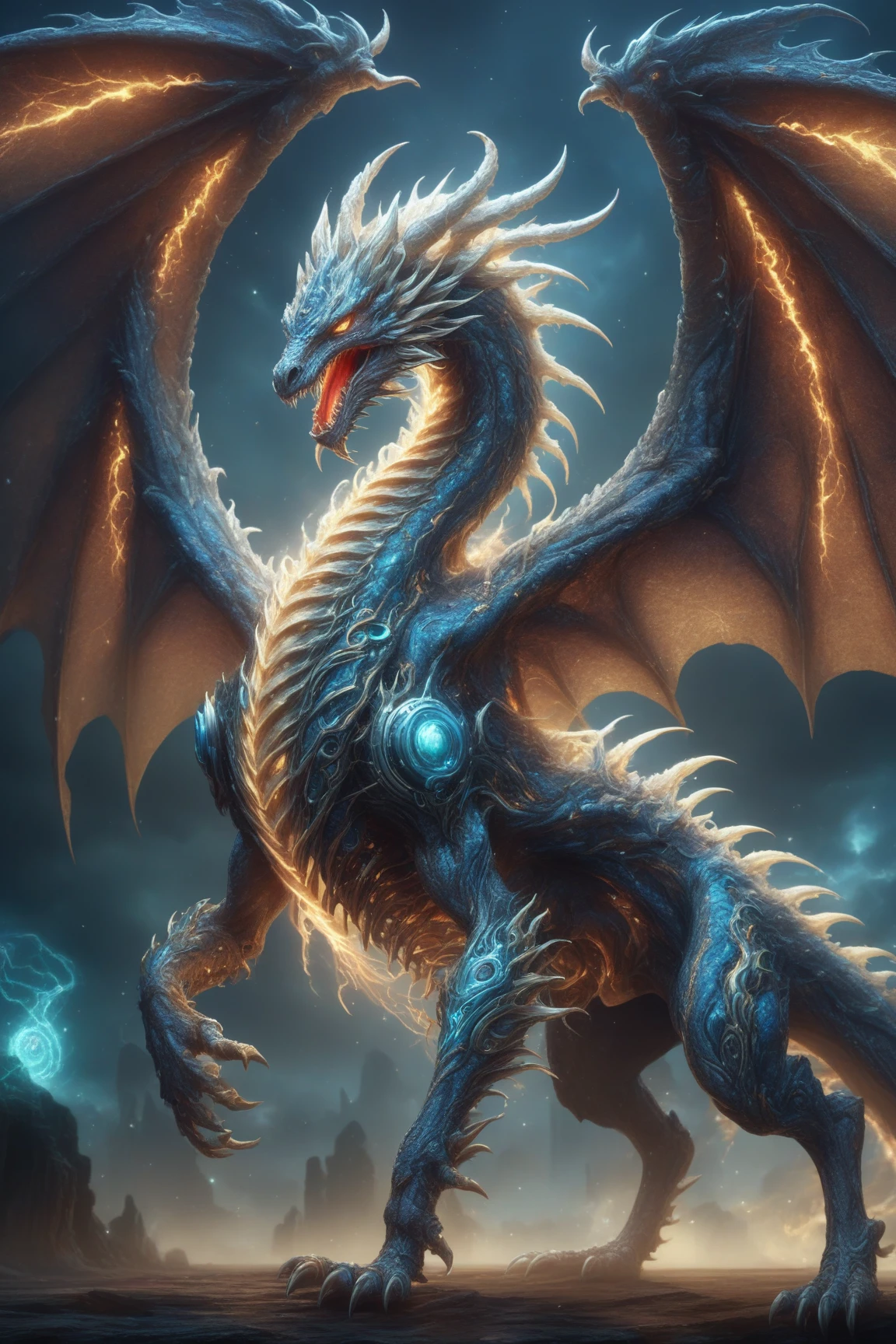 awesome quality, dynamic,upper body,a organic-mechanical volatile metal wyrm-like  Gigginox wyvern, hide skin, tendrils,      serpentine tails,  <lora:ClearHand-V2><lora:DonMM1xXL-v1.1:.6>,