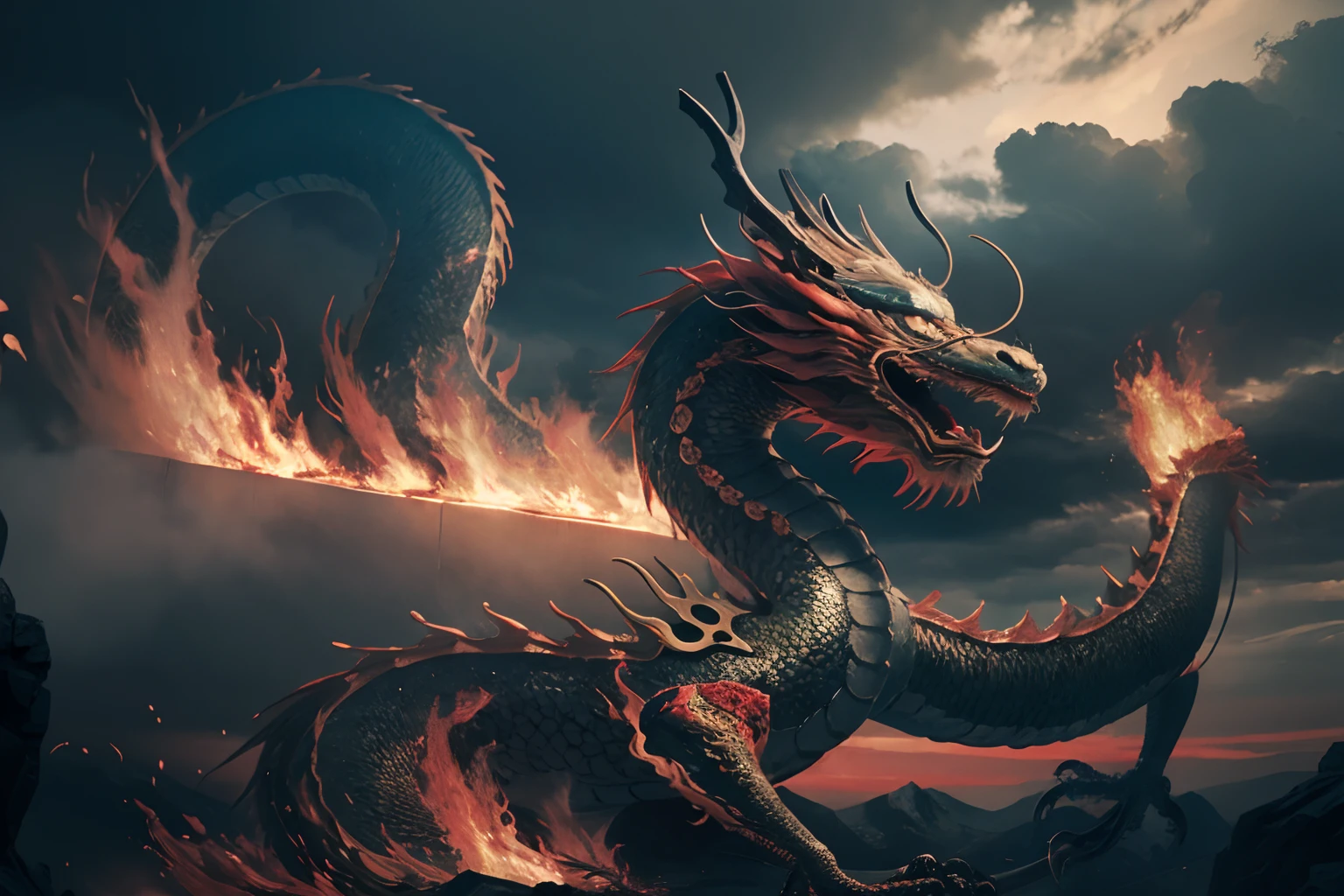 <lora:0219 loong_v1:1>,ruanyi0219,loong,no humans,outdoors,cloudy sky,claws,eastern dragon,long tail,whiskers,chinese new year,red theme,fire,cloud,(wide shot:1.2),
(Low Angle shooting, super wide lens:1.1),, best quality,masterpiece,highres,official art,extremely detailed cg unity 8k wallpaper