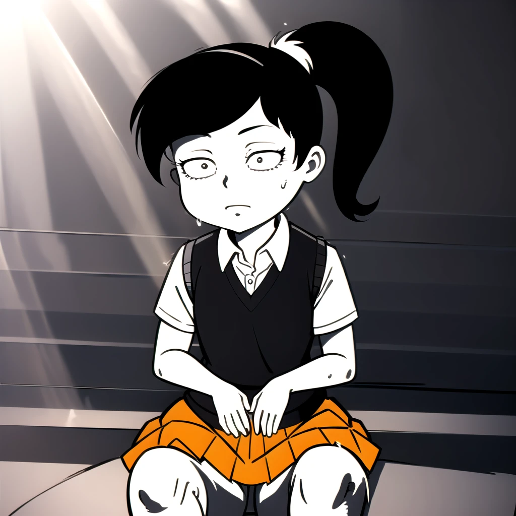 akiko yoshida, 1girl, black hair, solo, ponytail, sweater vest, school uniform, orange skirt, black eyes, shirt, short sleeves, <lora:Akiko_Yoshida_Leaf1:0.8>, It's_burned_out,it's_completely_white,pose,greyscale,monochrome, sitting,closed eyes,looking down,comic,silent comic, sunlight,light rays, <lora:It's_burned_out, it's_completely_white001:0.8>