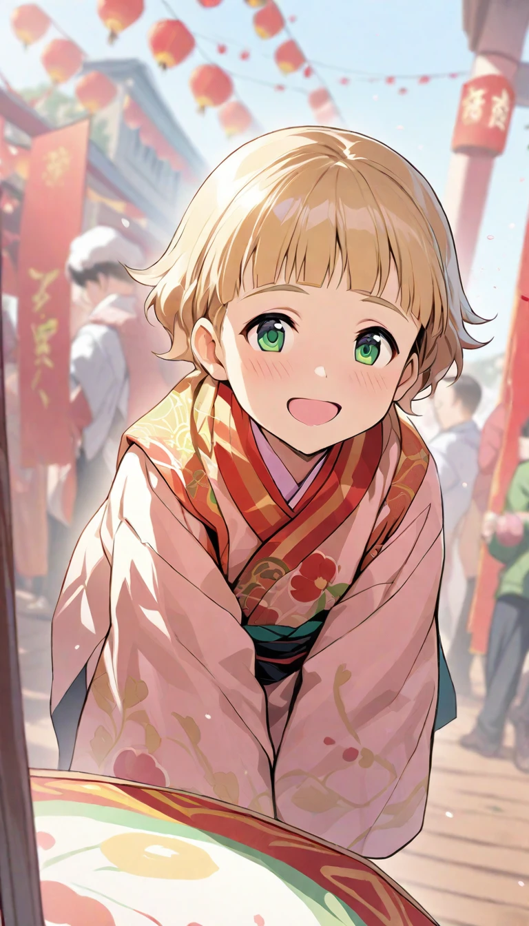 child,The image showcases a young girl with short,blonde hair,wide green eyes,and a cheerful expression.  illustration,<lora:Kanon Himeno:0.8>,spring festival,, masterpiece, best quality,