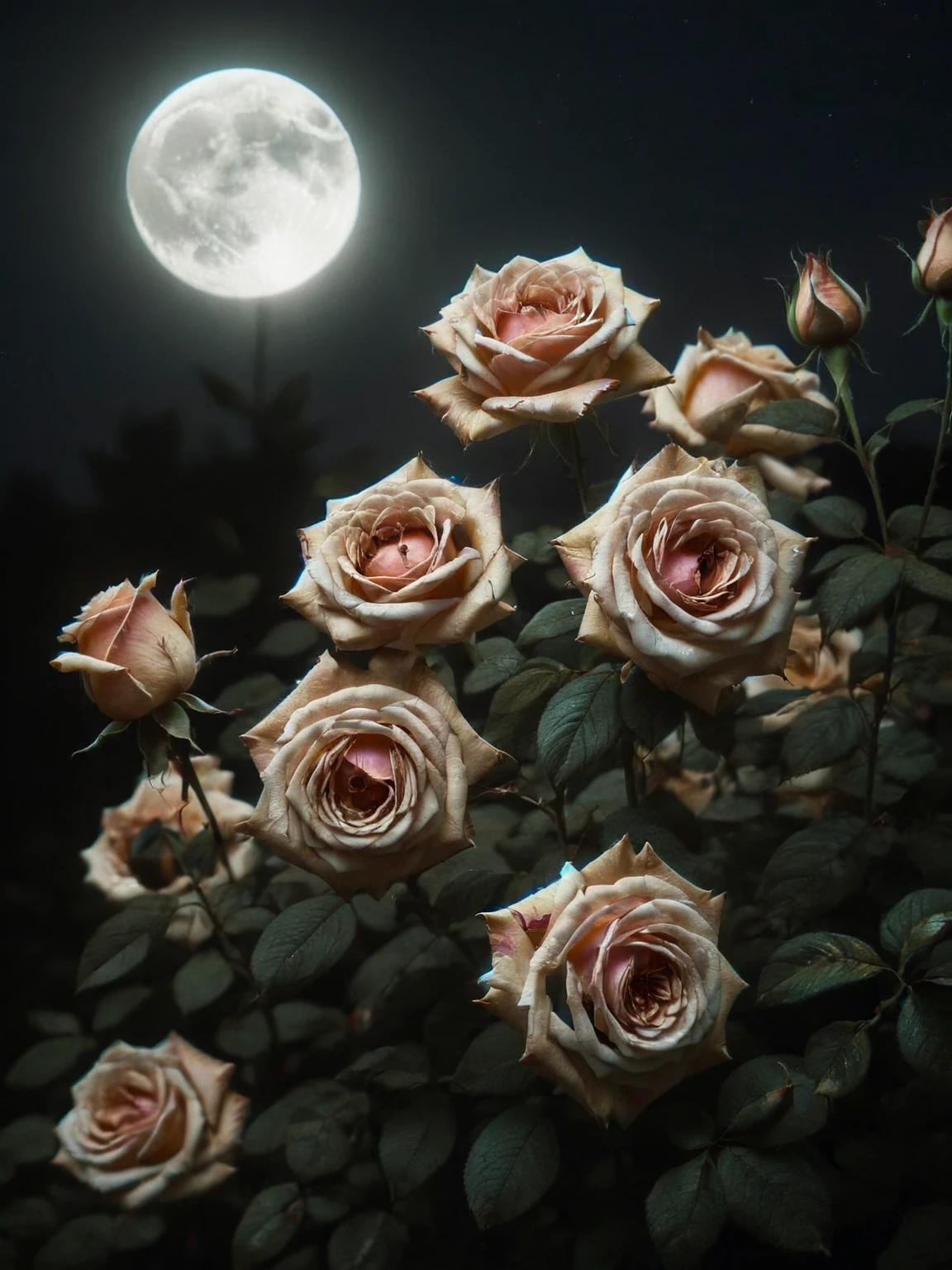 A bunch of ais-hrtbrkz roses in full bloom, illuminated under soft moonlight, <lora:ais-hrtbrkz-sdxl:1>.