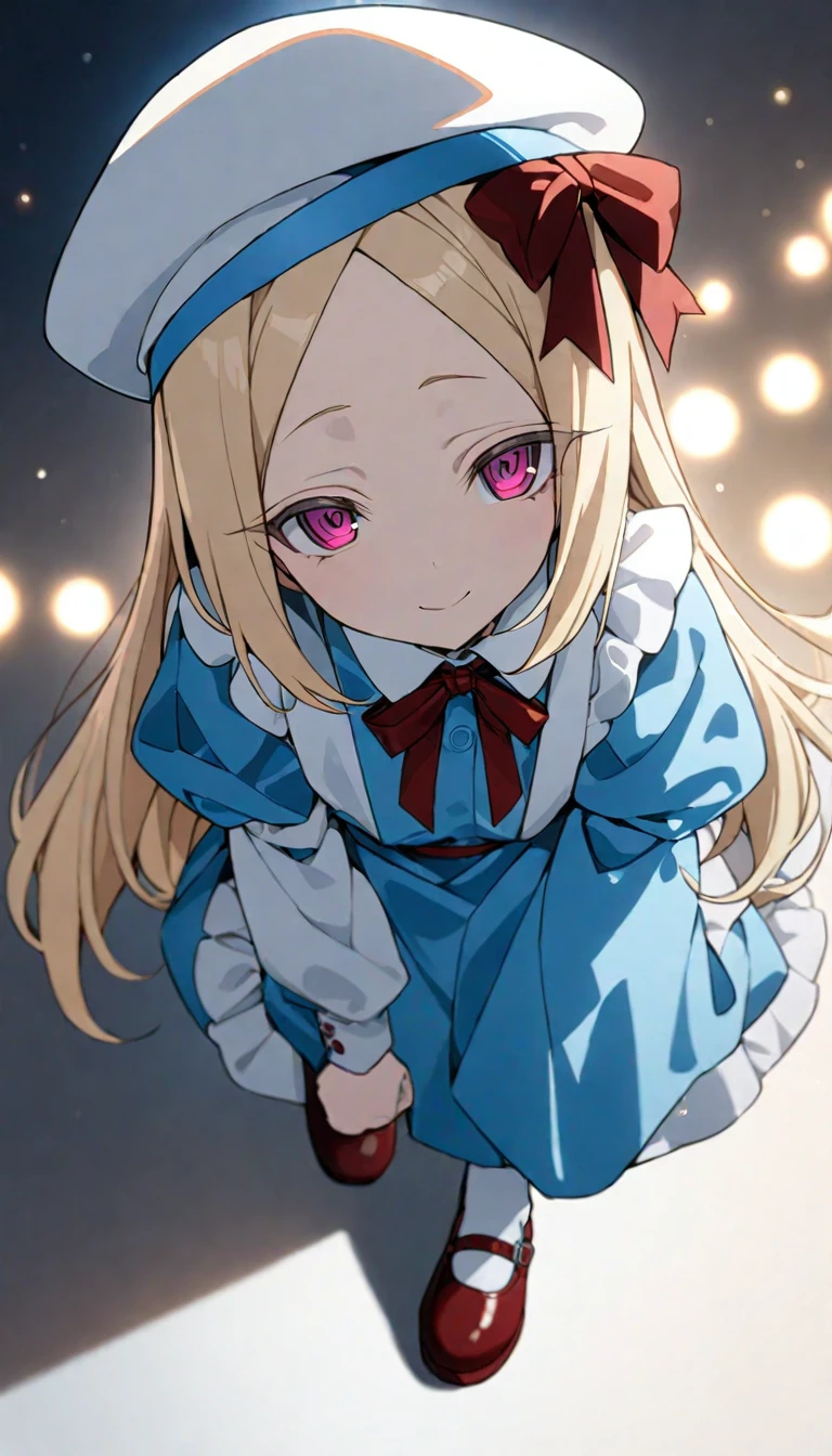 illustration,1girl,anime character,female,long blonde hair,blue dress,white apron,red bow,white beret,red shoes,light pink eyes,smiling expression,<lora:Morino Korisu:0.65>,simple background,close-up,bokeh,depth of field,, masterpiece, best quality,
