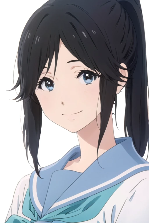 solo, 1girl, looking at viewer, upper body, (solid white background:1.3), <lora:nozomi-lizaotori:0.9>, nozomi kasaki, kitauji high school uniform, serafuku, blue sailor collar, blue neckerchief, looking at viewer, smile