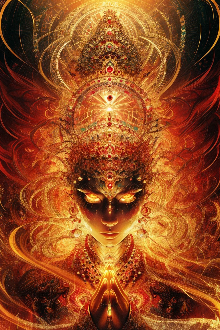 ((masterpiece)), ((best quality)), 8k, high detailed, ultra-detailed,1girl, fayan eyes, magic spell, glowing, solo, jewelry, glowing eyes, looking at viewer, ring, hair ornament, eyelashes, necklace, forehead jewel, own hands together, earrings, portrait, beads, gold <lora:fayan2:1>