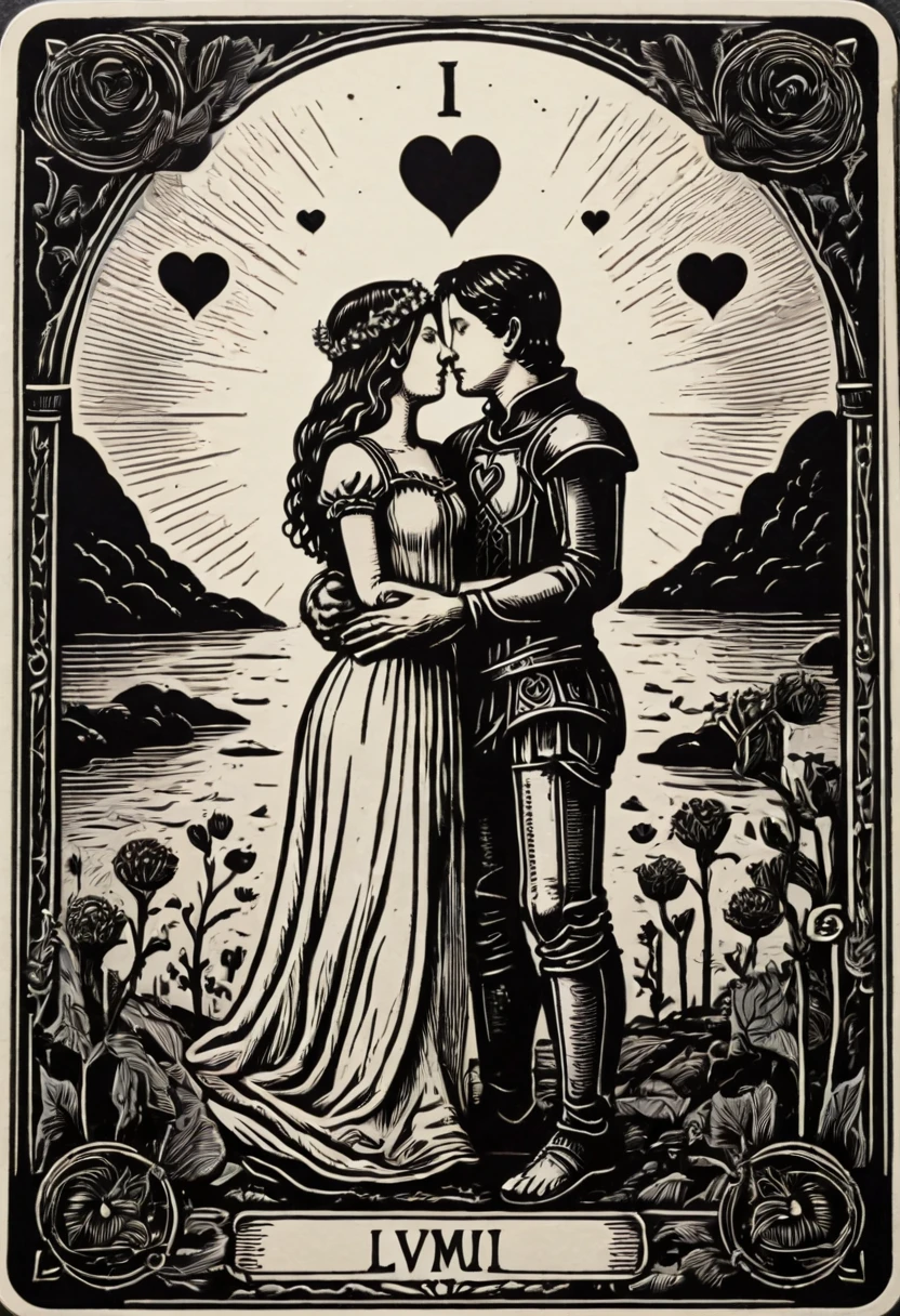 tarot card, a card, card : "THE LOVERS", tarot card frame,vivid colors (art inspired by Bill Sienkiewicz).
