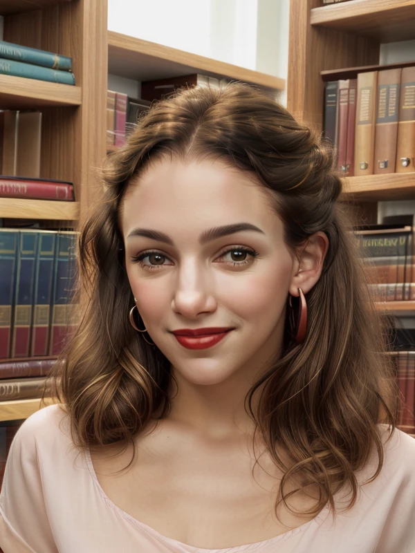 gquality, <lora:thelma-10:1> thelma, 1girl, solo, looking at viewer, smile, shirt, upper body, earrings, indoors, book, makeup, hoop earrings, realistic, bookshelf, red lips, library
